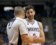 Minnesota Timberwolves guard Ricky Rubio, right, of Spain, pleads with referee Steve Anderson (35) during the first half of an NBA basketball game aga