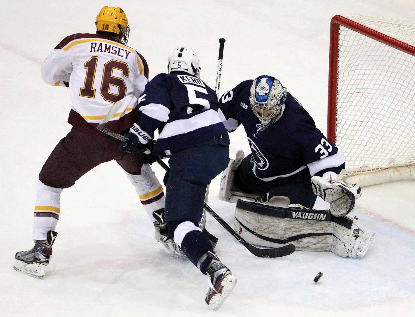 Minnesota Golden Gophers forward Vinni Lettieri (19) gets the puck past Penn State Nittany Lions goaltender Chris Funkey (33) for the Minnesota Golden Gophers first goal during the first period. ] ANTHONY SOUFFLE &#xef; anthony.souffle@startribune.com Game action from an NCAA men's ice hockey game between the Minnesota Golden Gophers and the Penn State Nittany Lions Friday, Feb. 3, 2017 at Mariucci Arena on the ground of the University of Minnesota in Minneapolis.