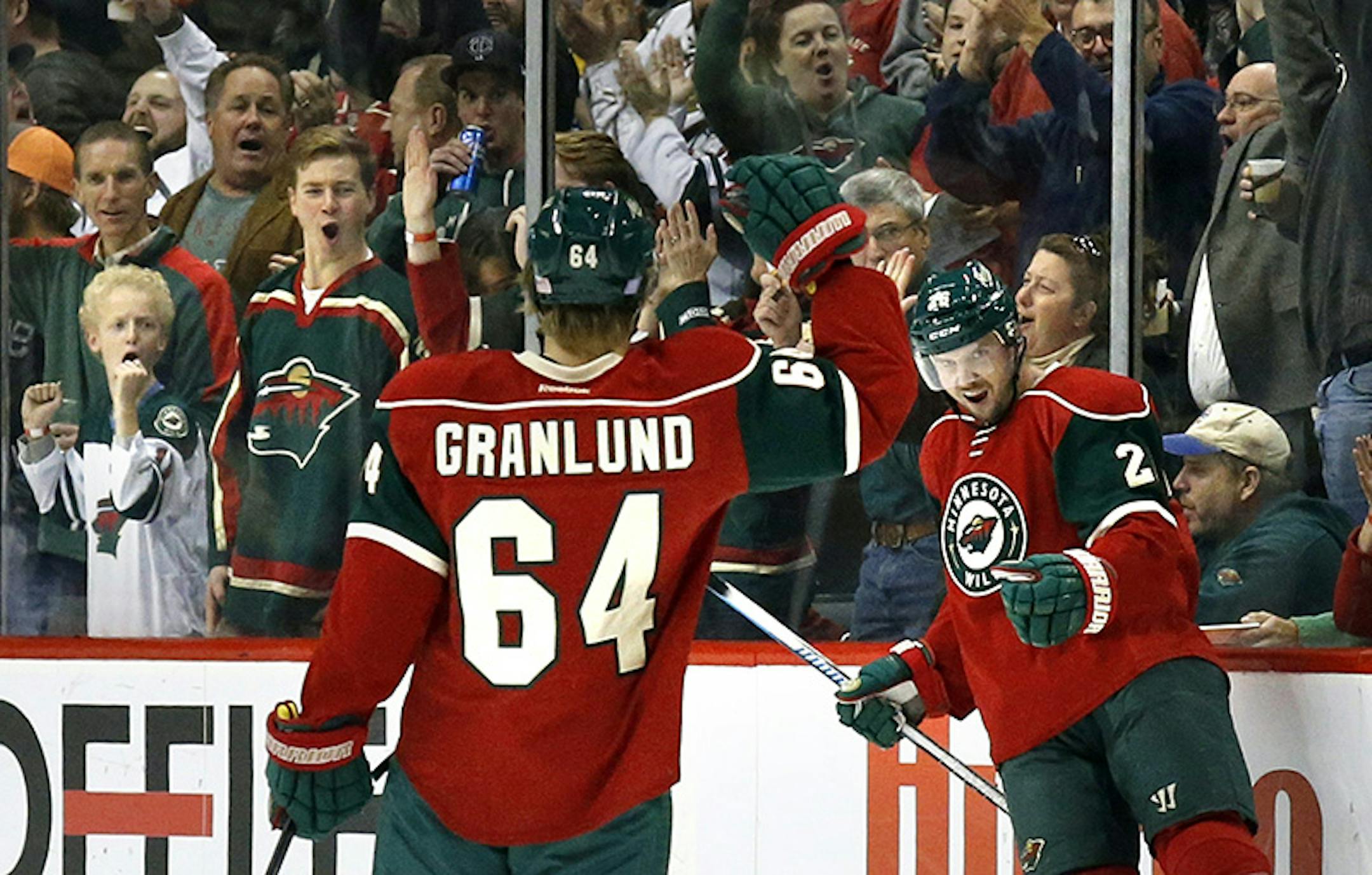 Wild left winger Thomas Vanek, right, celebrated with teammate Mikael Granlund after Vanek's breakaway goal during the second period against the Winnipeg Jet on Tuesday night. Vanek scored again later in the period on a nifty move to help the Wild to a 5-3 victory at Xcel Energy Center.