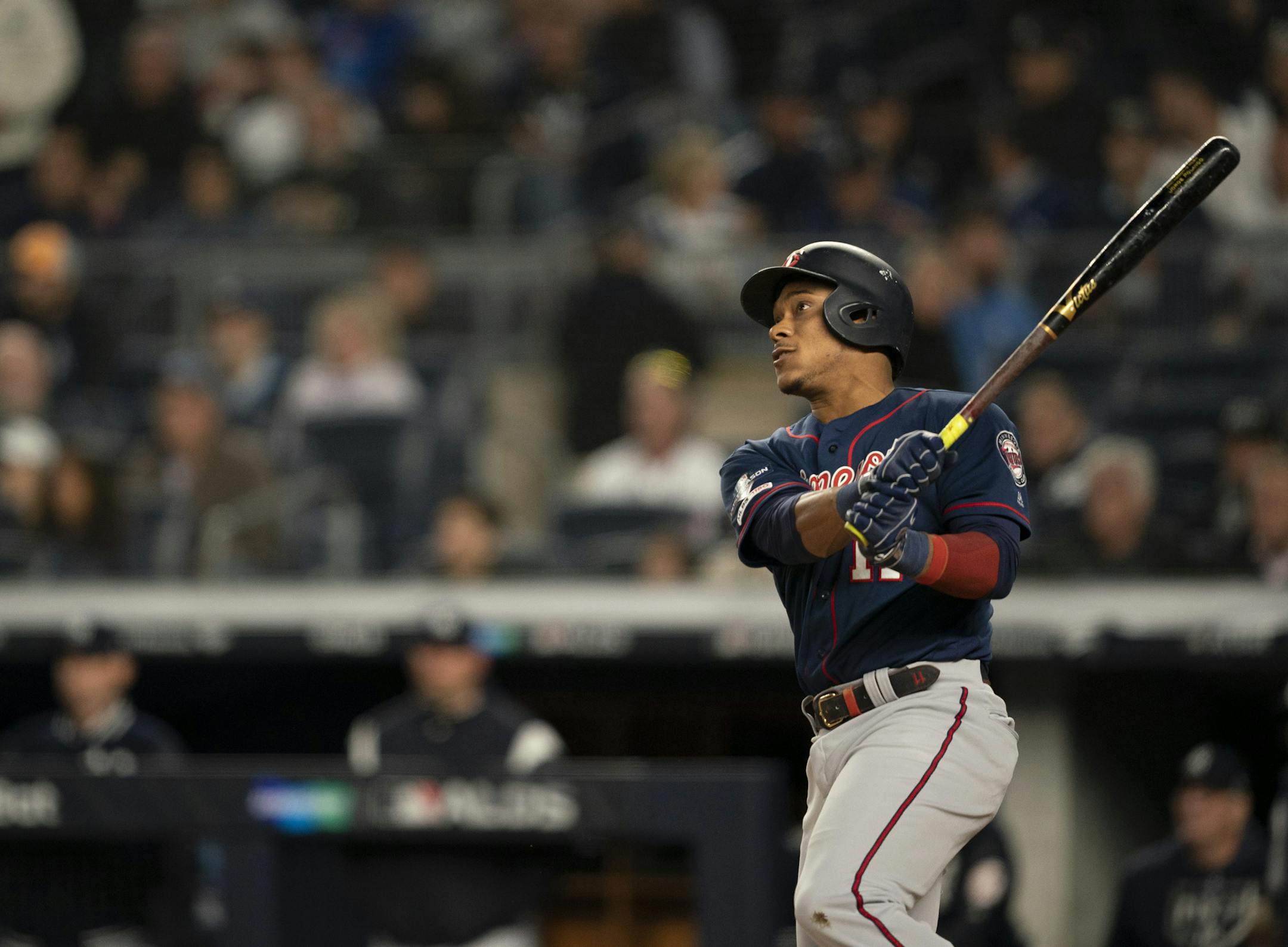 Minnesota Twins shortstop Jorge Polanco watched his solo home run off Yankees starter James Paxton in the first inning. ] JEFF WHEELER • jeff.wheeler@startribune.com The Minnesota Twins faced the New York Yankees in Game 1 of their ALDS Friday night, October 4, 2019 at Yankee Stadium in New York.