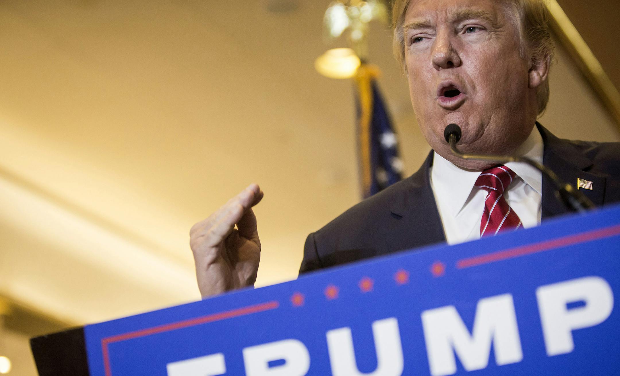 Republican presidential hopeful Donald Trump during a news conference to discuss his tax plan proposals at Trump Tower in New York, Sept. 28, 2015. Trump, whose proposed tax increases on hedge fund managers have jangled the nerves of some of the party&#xed;s most traditional supporters, will release a tax policy plan on Monday that his campaign says &#xec;is a major tax reduction for almost all citizens and corporations, in particular, those in the middle- and lower-income classes.&#xee; (Eric T