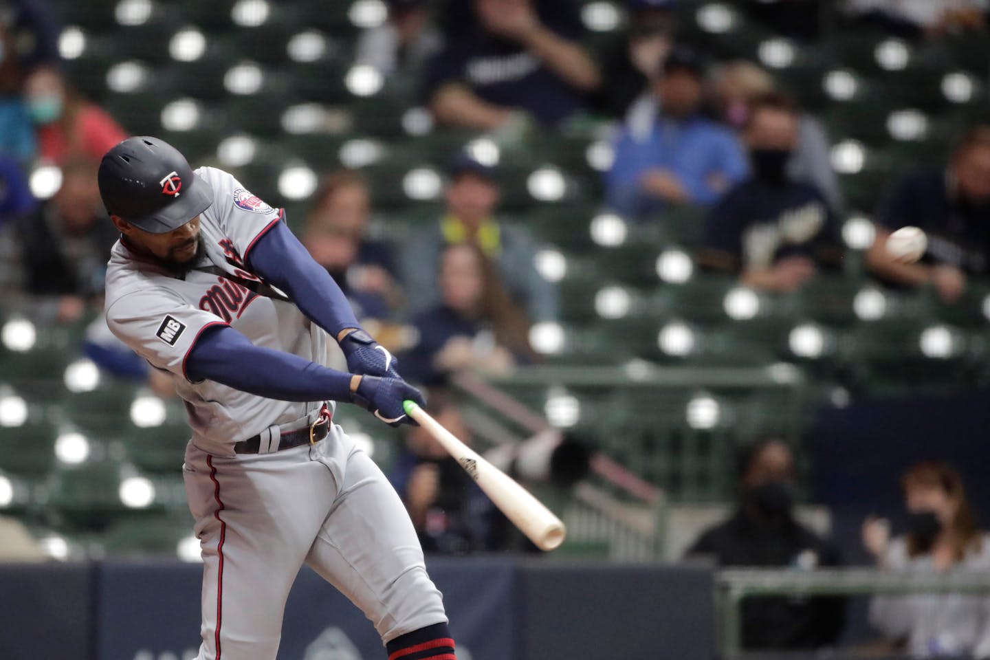 Minnesota Twins' Byron Buxton hits a solo home run during the seventh inning of a baseball game against the Milwaukee Brewers Saturday, April 3, 2021, in Milwaukee. (AP Photo/Aaron Gash)