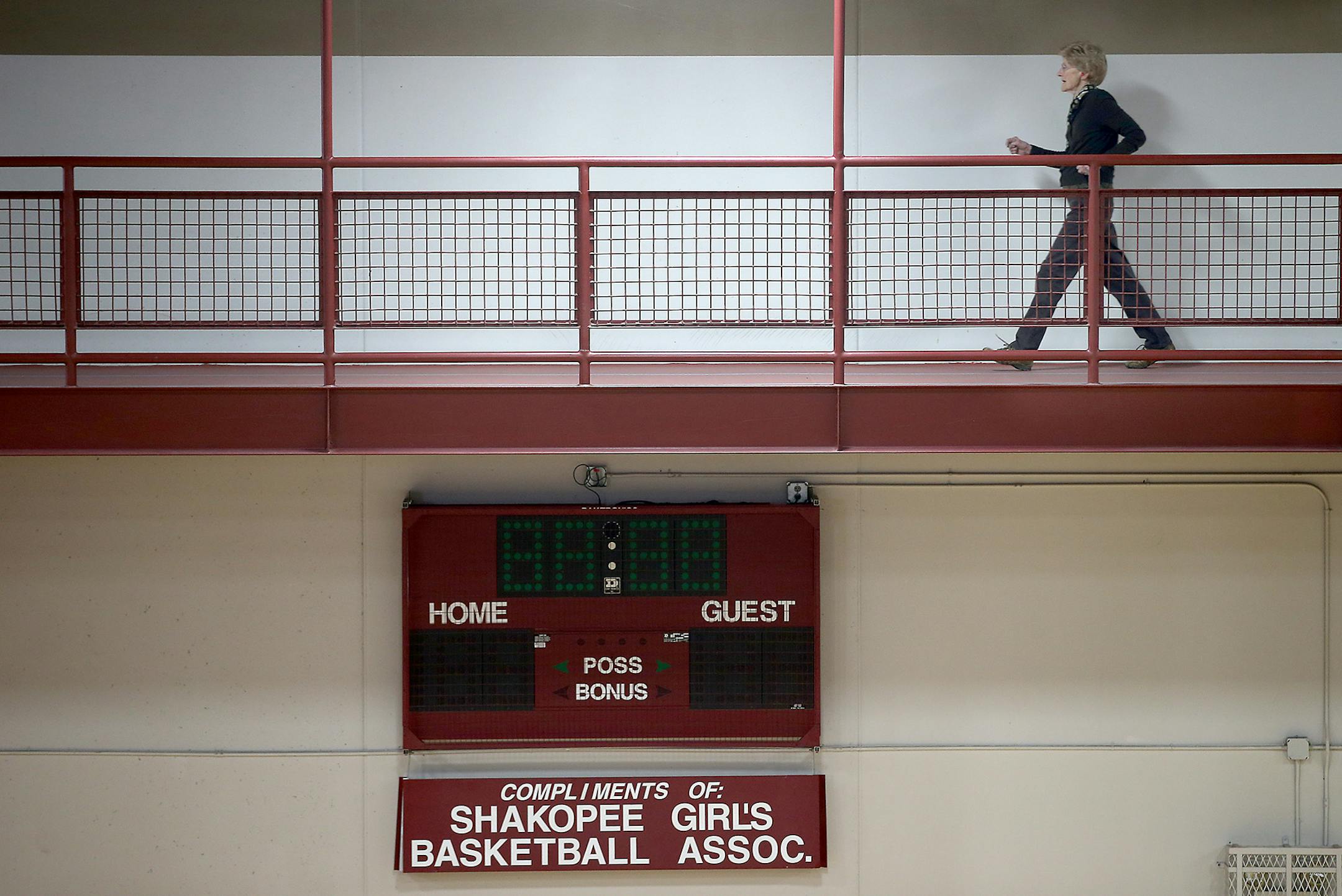 A walker made her way around the indoor track at the Shakopee Community Center, Thursday, March 12, 2015 in Shakopee, MN. The city of Shakopee is again looking to improve its community center, despite three failed referendums proposing improvements to it in a decade. This time, they want to build two new sheets of ice to meet demand for ice time. How they will pay for it and what other amenities will be included in the package hasn't been decided yet. ] (ELIZABETH FLORES/STAR TRIBUNE) ELIZABETH