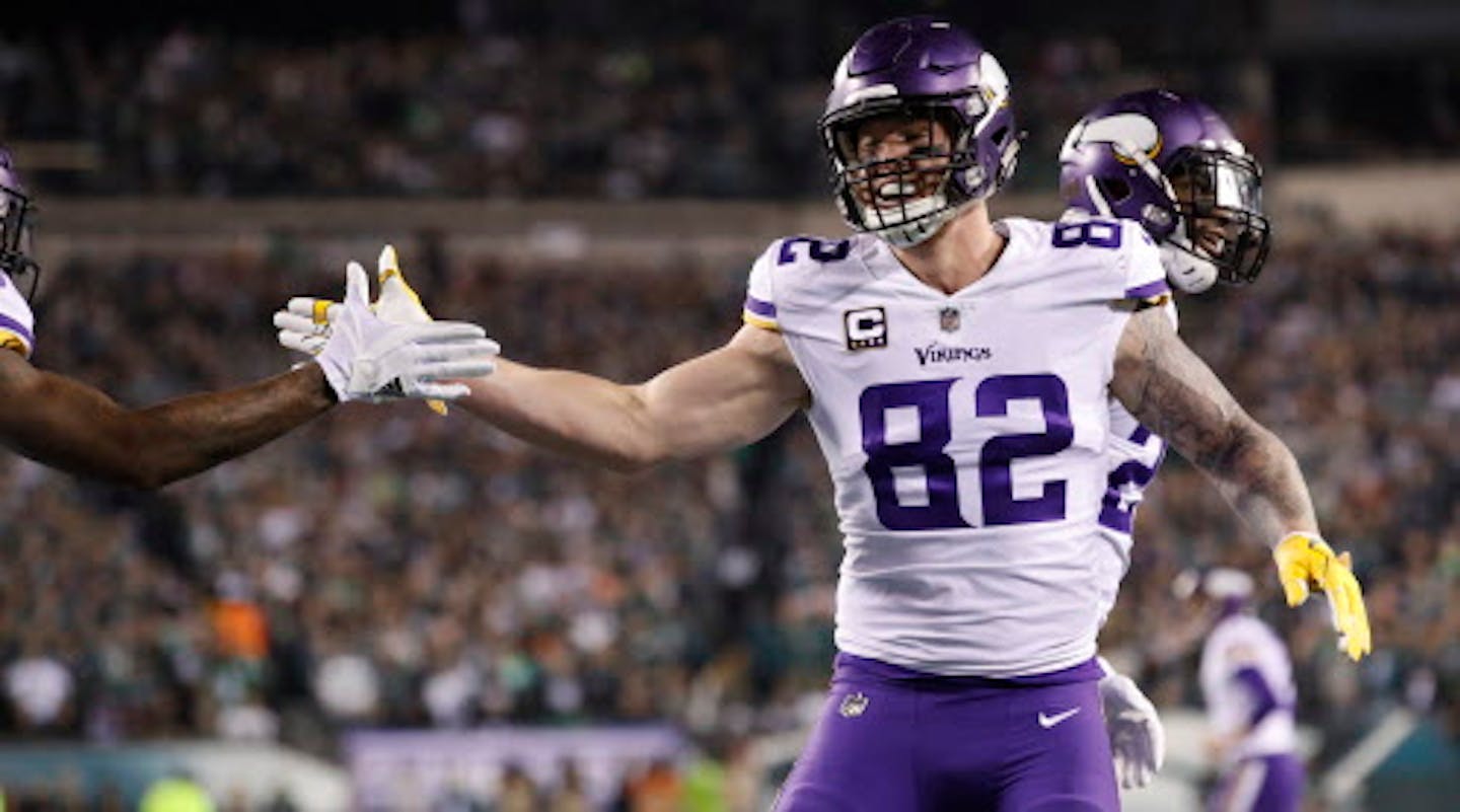 Vikings tight end Kyle Rudolph (82) celebrated his first-quarter touchdown in Sunday's NFC Championship Game. The 29-yard catch from quarterback Case Keenum culminated a nine-play, 75-yard opening drive.