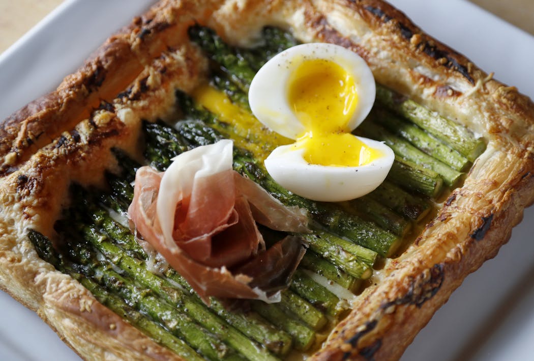 Asparagus galette with Gruyere, Dijon, prosciutto, egg and lemon at the New Scenic Cafe up the shore north of Duluth.