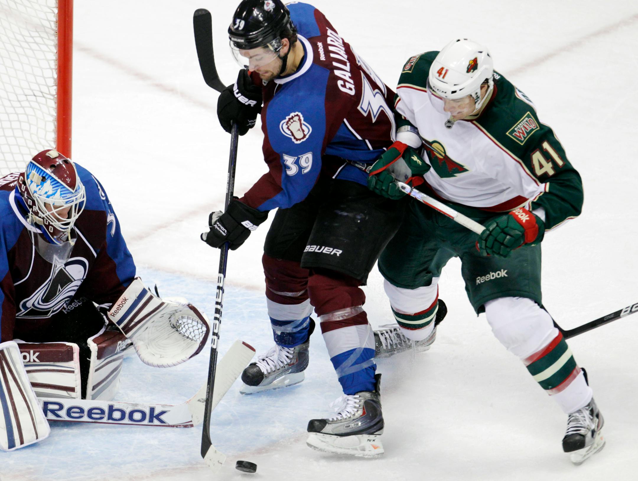 Jed Ortmeyer (41), here going against the Avalanche on Tuesday, is one of the players recently called up from the minors who has helped give the Wild a lift. Ortmeyer, Chad Rau and Matt Kassian were sent back to Houston due to the All-Star break, but they likely will be back soon.