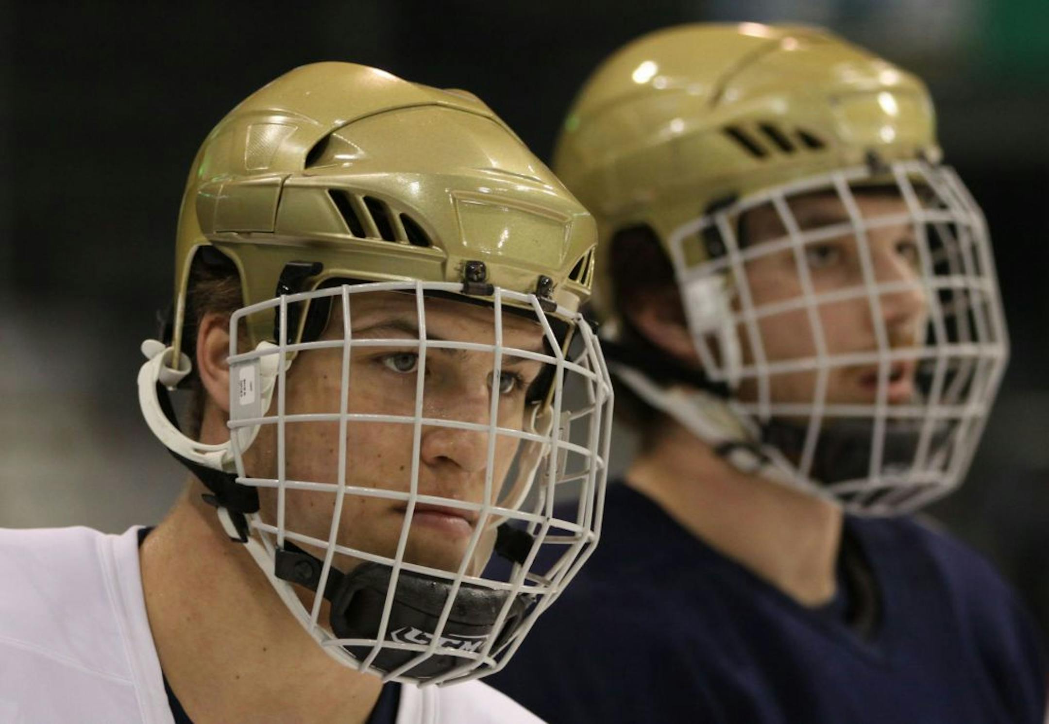 NCAA Frozen Four Practices. Notre Dames Anders Lee lined-up during practice at the Xcel Center. Lee is from Edina, MN.