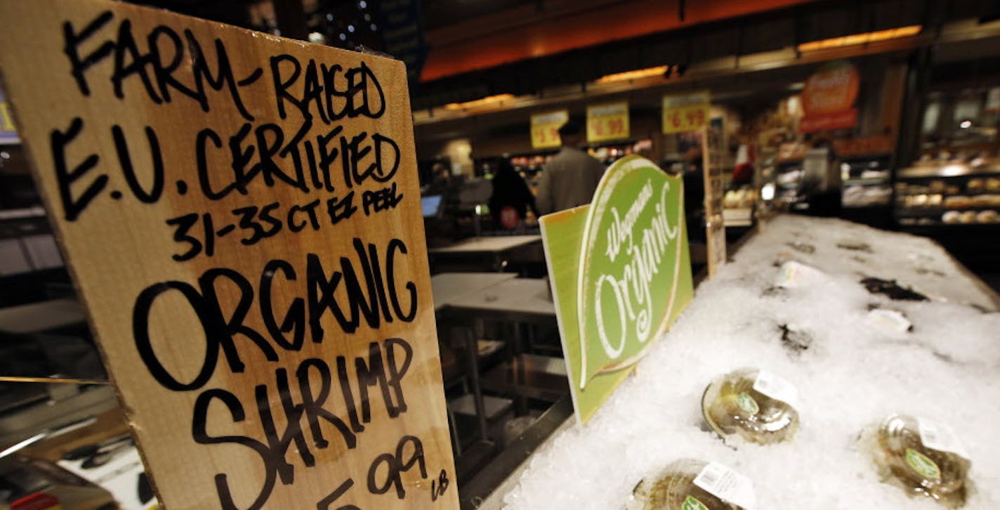 EU certified organic farm-raised shrimp are for sale on at the Wegmans, Friday, April 10, 2015 in Fairfax, Va. Organic fish is certified in the EU and Canada because the US doesn&#xed;t have any standard. (AP Photo/Alex Brandon)