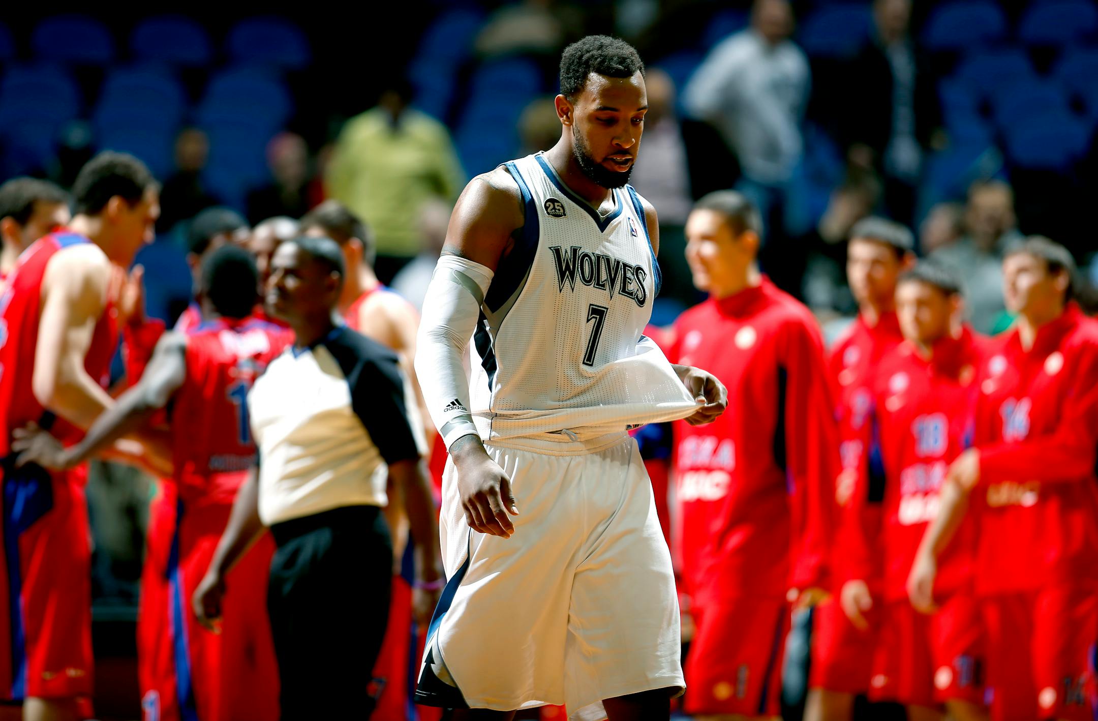 The Timberwolves' Derrick Williams walked off the court as CSKA Moscow celebrated its 108-106 victory earlier this preseason at Target Center.