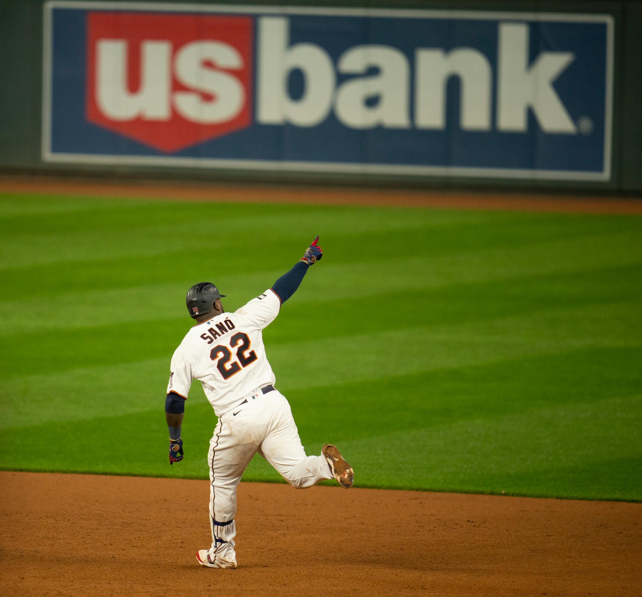 Minnesota Twins first baseman Miguel Sano (22) celebrated his third home run of the game in the eighth inning that scored Jorge Polanco and tied the game 4-4.