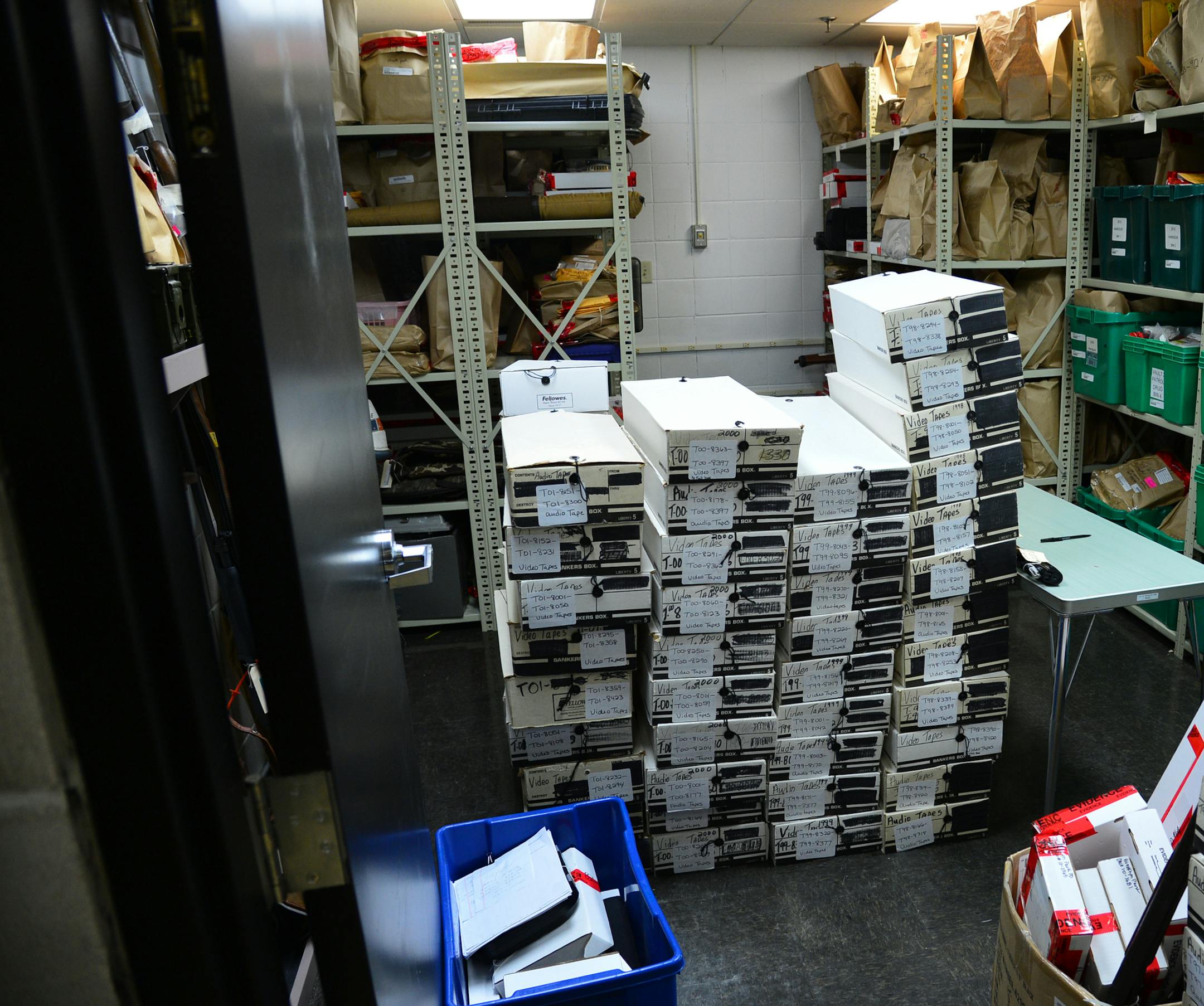 Brooklyn Park Police evidence room is crowded and they have almost run out of room to house new evidence . This section of the crowded evidence room has almost no room to walk.]Richard.Sennott@startribune.com Richard Sennott/Star Tribune Brooklyn Park Minn.Thursday 6/26/2014) ** (cq)