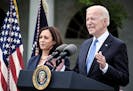 President Joe Biden spoke about the updated mask guidelines from the Rose Garden at the White House in Washington on Thursday as Vice President Kamala