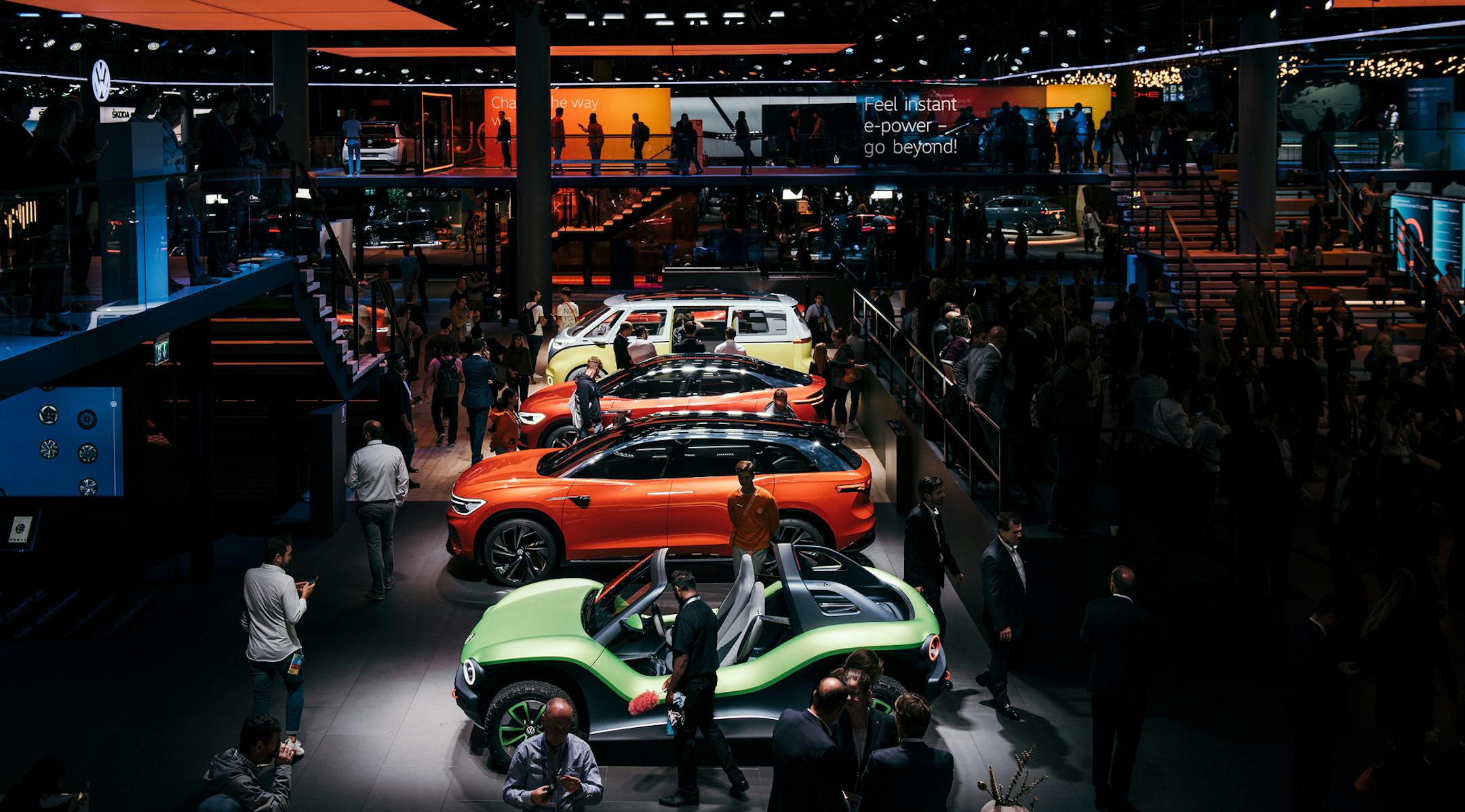 Volkswagen displays electric vehicles at the Frankfurt International Motor Show in Germany on Sept. 9, 2019. Car executives are paid to be optimists, but behind the pomp and salesmanship at the Frankfurt International Motor Show this week lurked an unmistakable sense of angst. (Felix Schmitt/The New York Times)