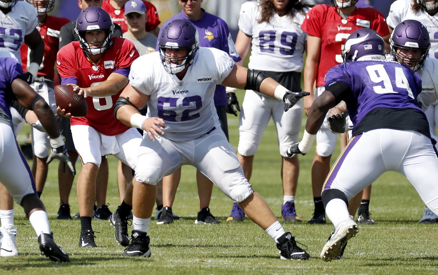 Minnesota Vikings offensive lineman Nick Easton (62) during practice on July 30, 2018.
Easton had neck surgery and will likely miss the rest of the season. ] CARLOS GONZALEZ &#xef; cgonzalez@startribune.com &#xf1; July 30, 2018, Eagan, MN, Twin Cities Orthopedics Performance Center, Minnesota Vikings Training Camp,