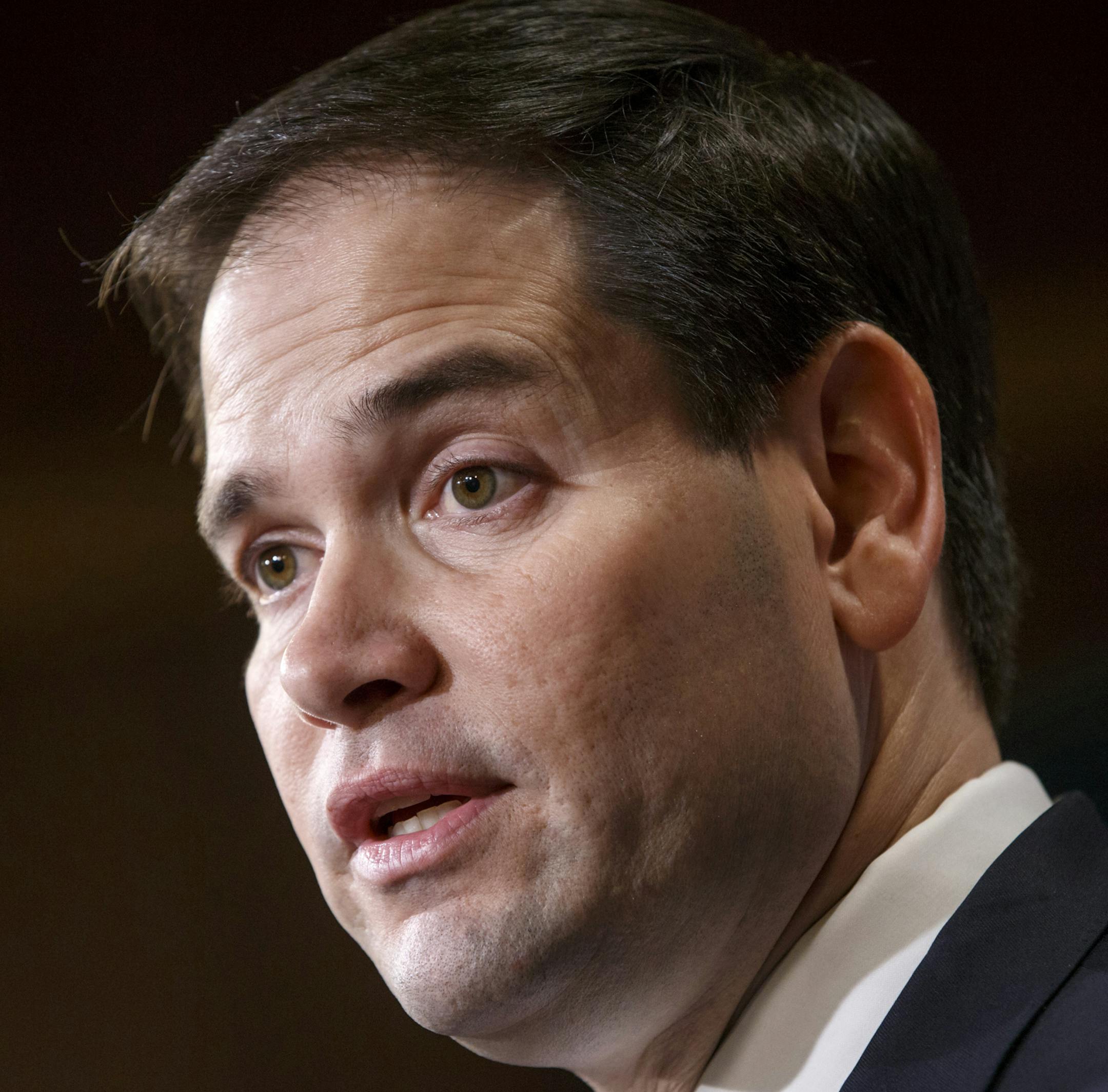 FILE - In this Dec. 17, 2014 file photo, Sen. Marco Rubio, R-Fla. speaks on Capitol Hill in Washington. Sen. Rand Paul, R-Ky. is taking online digs at Rubio, a potential GOP presidential rival over President Barack Obama's new Cuba policy. (AP Photo/J. Scott Applewhite, File)