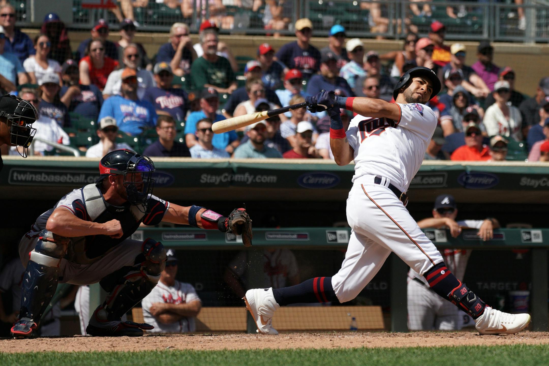 Minnesota Twins left fielder Eddie Rosario (20) was caught swinging in the seventh inning.