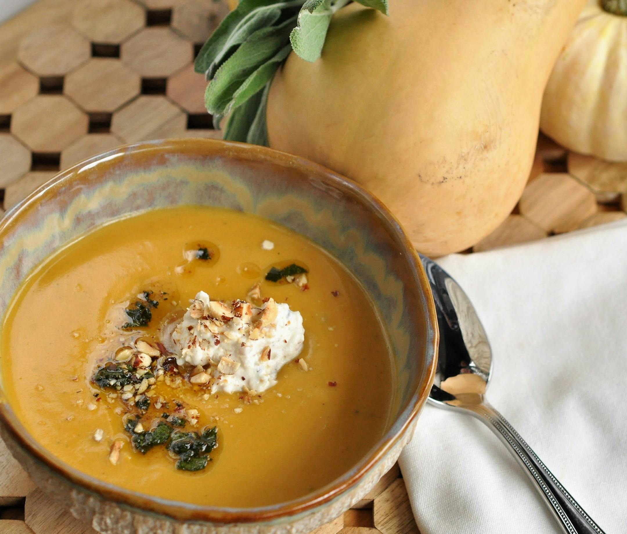 Roasted Butternut Squash Soup With Brown Butter, Sage and Hazelnut Cream.