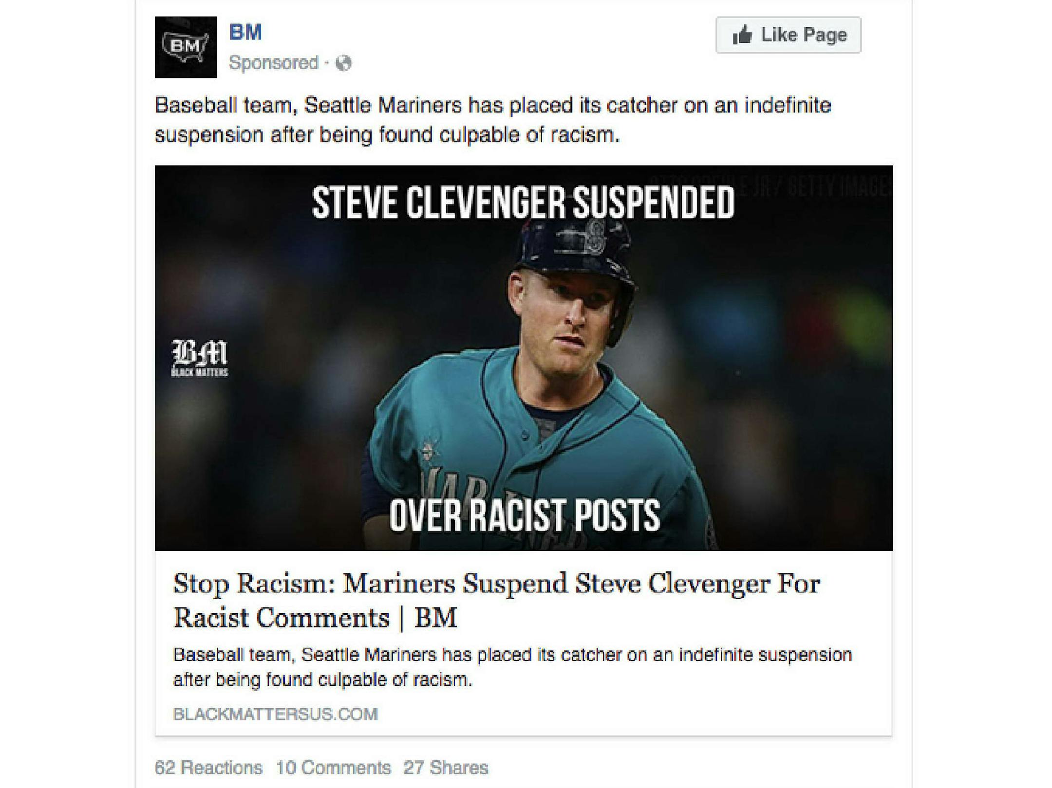 This sponsored ad about a baseball player suspended for racist comments was targeted to Facebook users in Minnesota.
