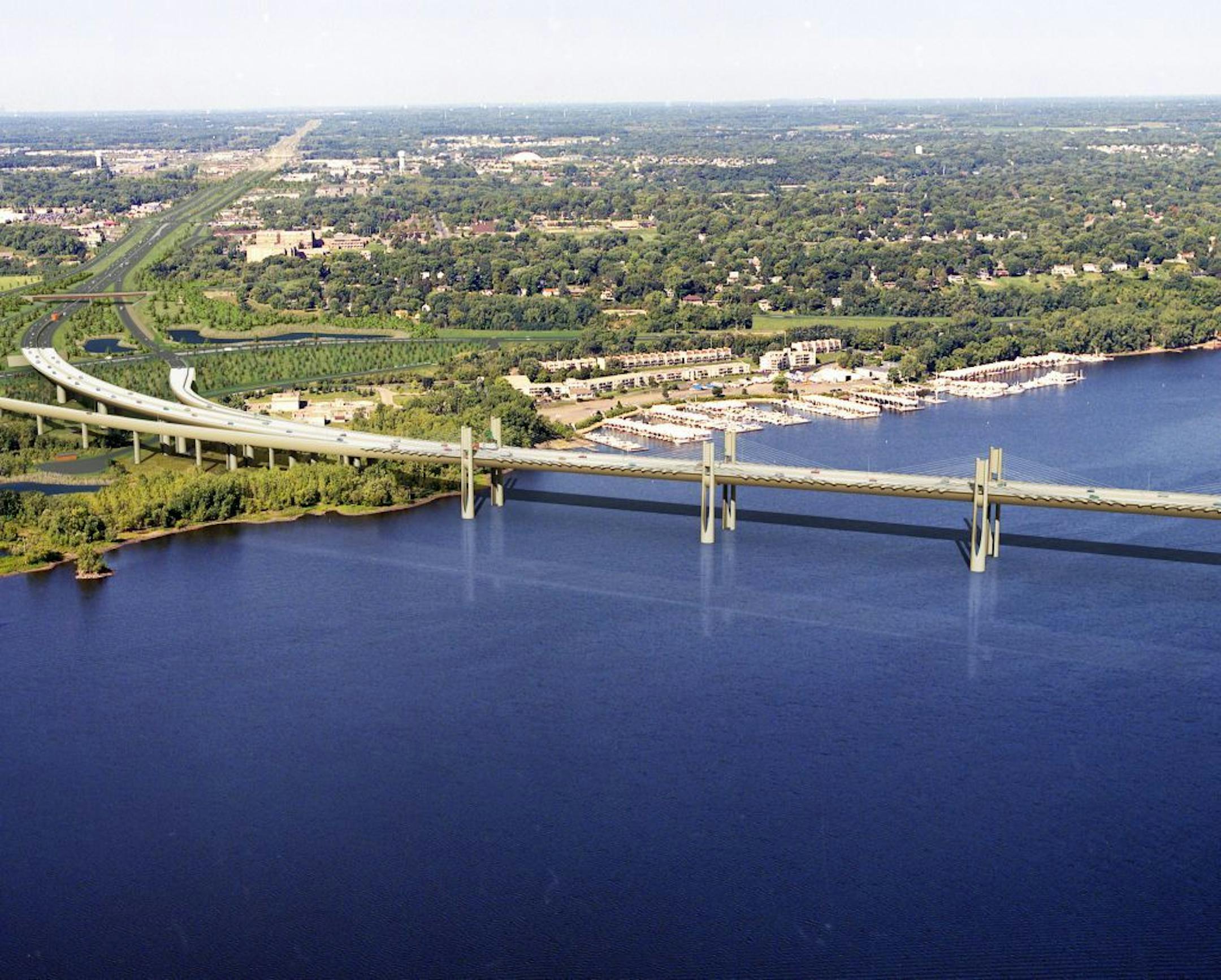 This artist rendering shows the proposed St. Croix River Crossing between Oak Park Heights, Minn., and St. Joseph, Wis.