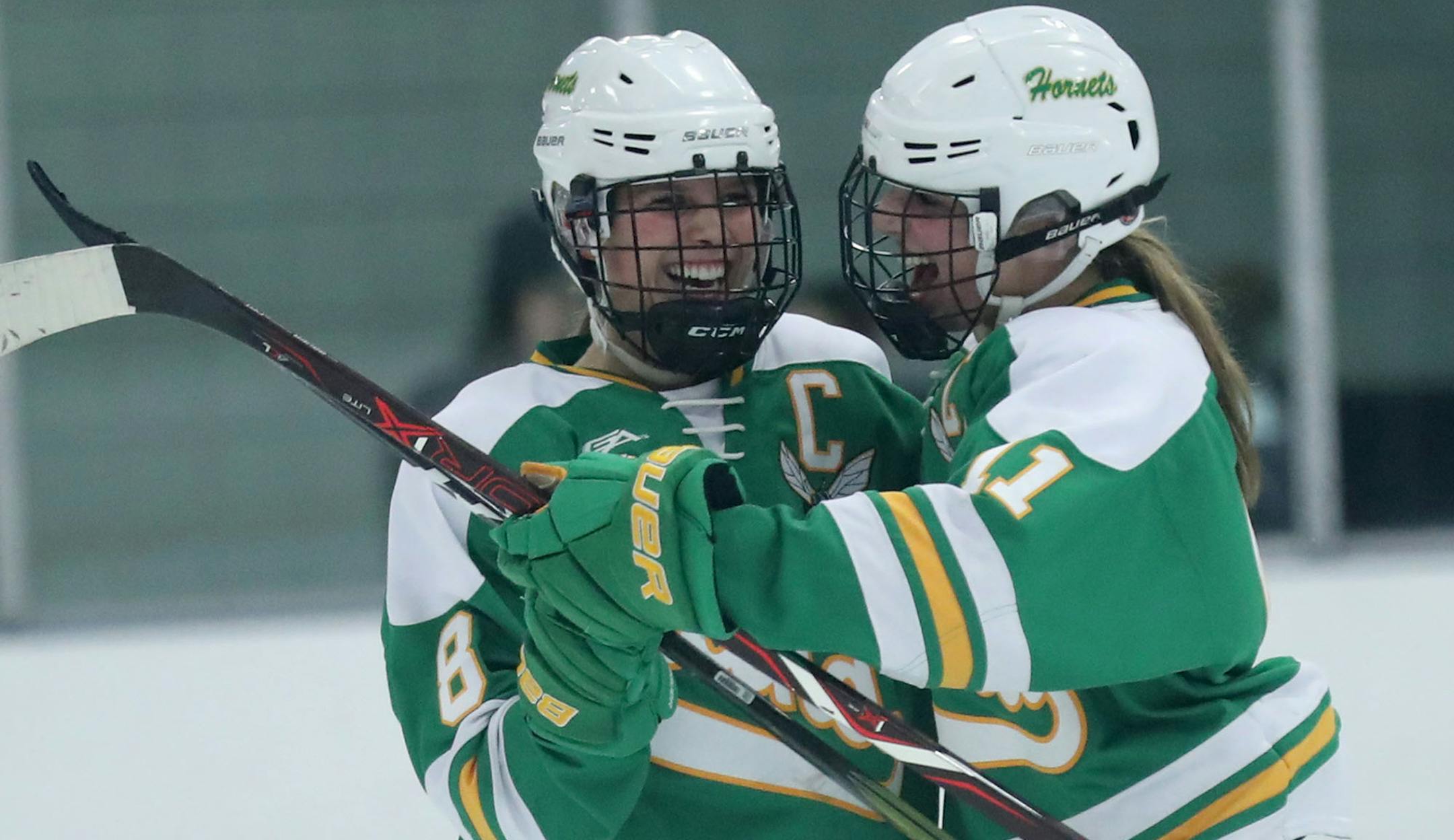 Edina's Mallory Uihlein (8) celebrates her game winning goal with teammate Annie Kuehl (11) during the third period of their 3-2 win over Blake during the Girls' hockey, Class 2A, Section 6 final Friday, Feb. 15, 2019, at Parade Ice Garden in Minneapolis, MN.] DAVID JOLES •david.joles@startribune.com Girls' hockey, Class 2A, Section 6 final