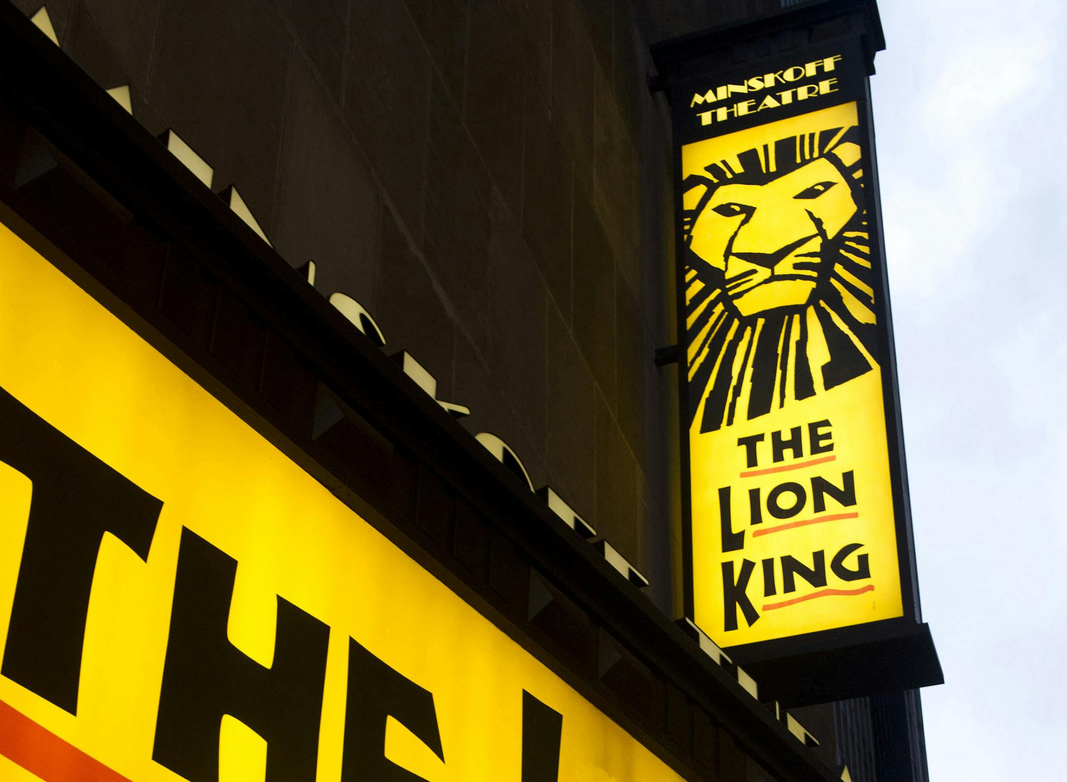 FILE - In this Jan. 19, 2012 file photo, the Minskoff Theatre and the marquee for "The Lion King" are seen in New York. Broadwayís highest grossing show in 2013 was ìThe Lion King,î now in its 16th year. Elton John and Tim Riceís ìThe Lion Kingî ruled all other shows during the entire calendar year, ending with $96,983,838. (AP Photo/Charles Sykes, File)