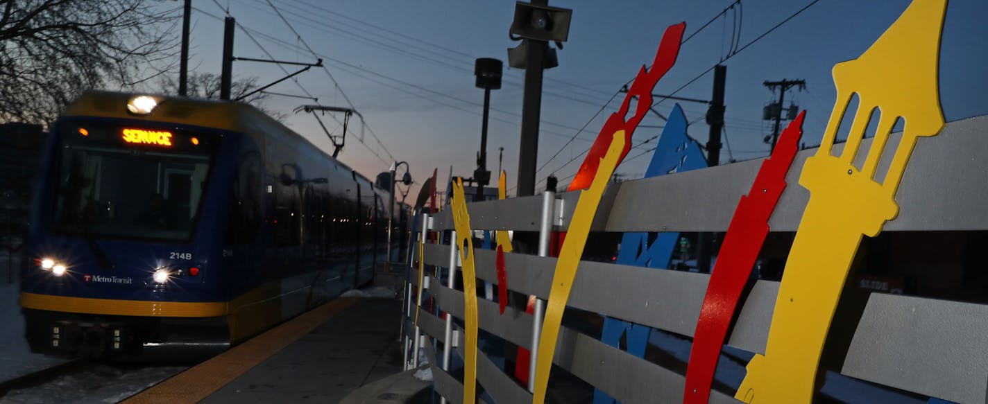 The red, yellow and blue artwork called Dancing Mill City by Aldo Moroni at the Cedar-Riverside Blue Line LRT station was recently overhauled by Metro Transit.