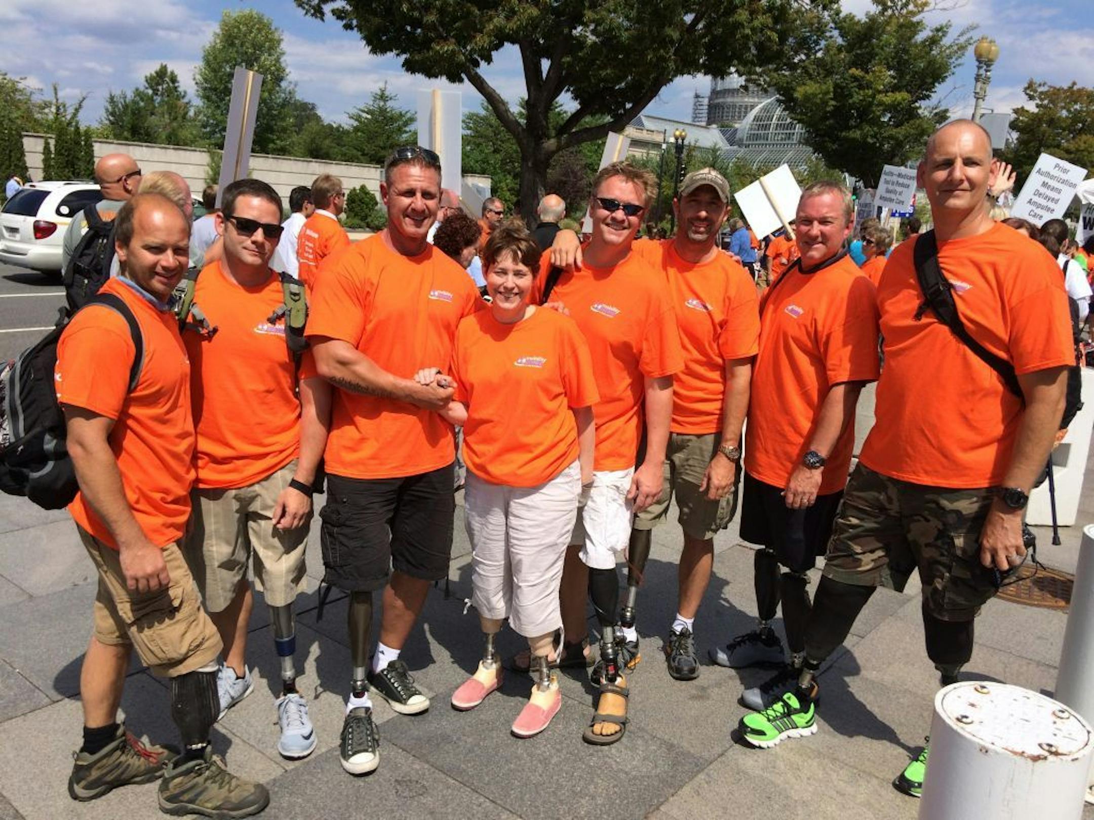Minnesota sent the largest contingent of any state in the country to Washington Wednesday to protest newly proposed Medicare payment rules for prosthetic devices that amputees and the prosthetics industry claim will restrict needed device adjustments as well as limit access to new technology. The state�s 11-person contingent included eight amputees. From left Bob Nichols, Matt Wise, Scott Bonebroke, Ann Morris, Scott Tjaden, Rob Rieckenberg, Aaron Holm and Tony Benesh.