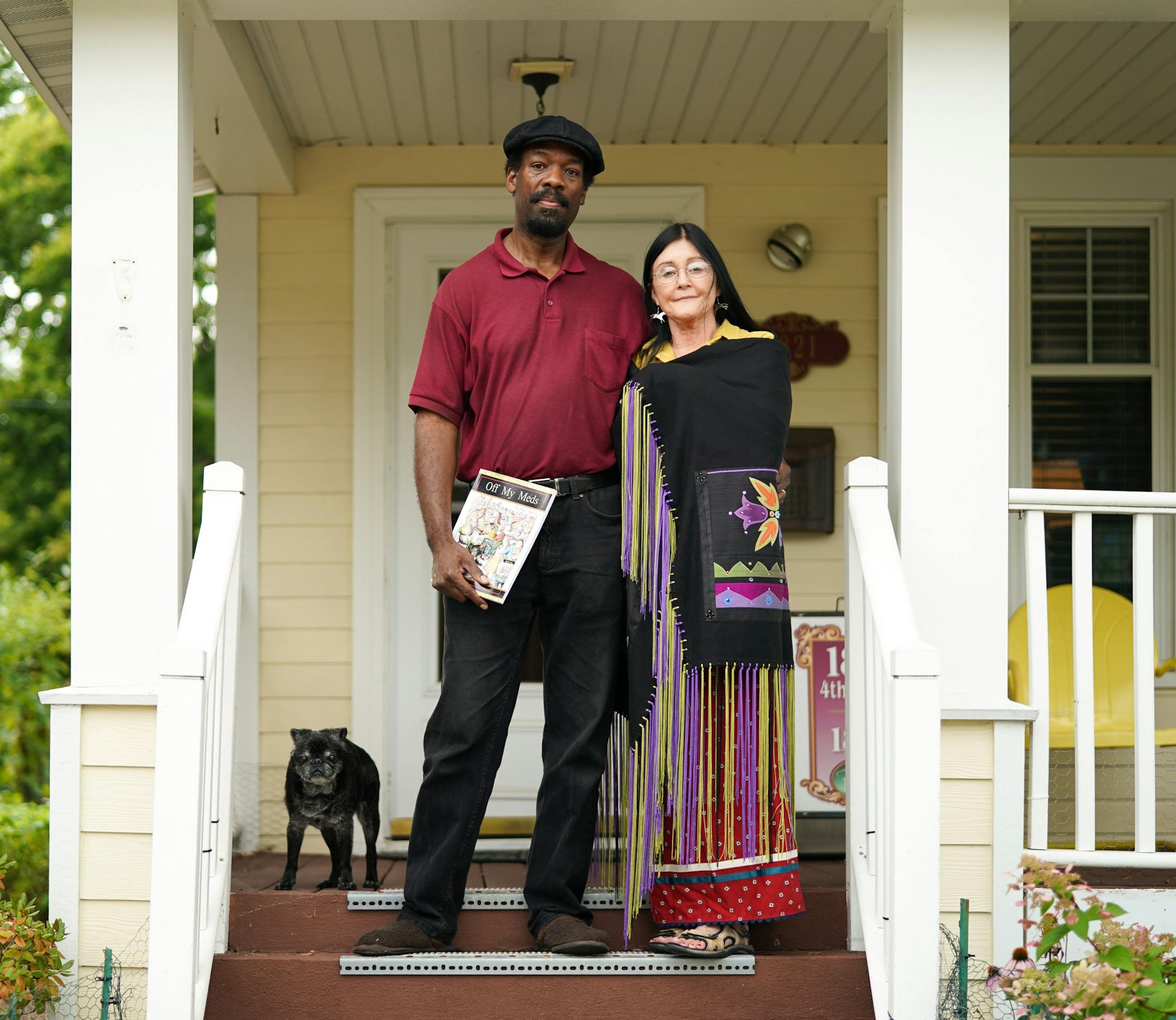 Leslie and Chholing Taha on the porch of their Anoka home with their pug Pebbles. ] GLEN STUBBE • glen.stubbe@startribune.com Tuesday, August 20, 2019 A shared creative spark led a cartoonist and a painter down the aisle two weeks after they met. And it's helped keep Leslie and Chholing Taha together for 28 years. He has a new self-published book of cartoons, Off My Meds, coming out, and she has had paintings (and Native American shawls) shown at museums (including MIA) and commissioned b