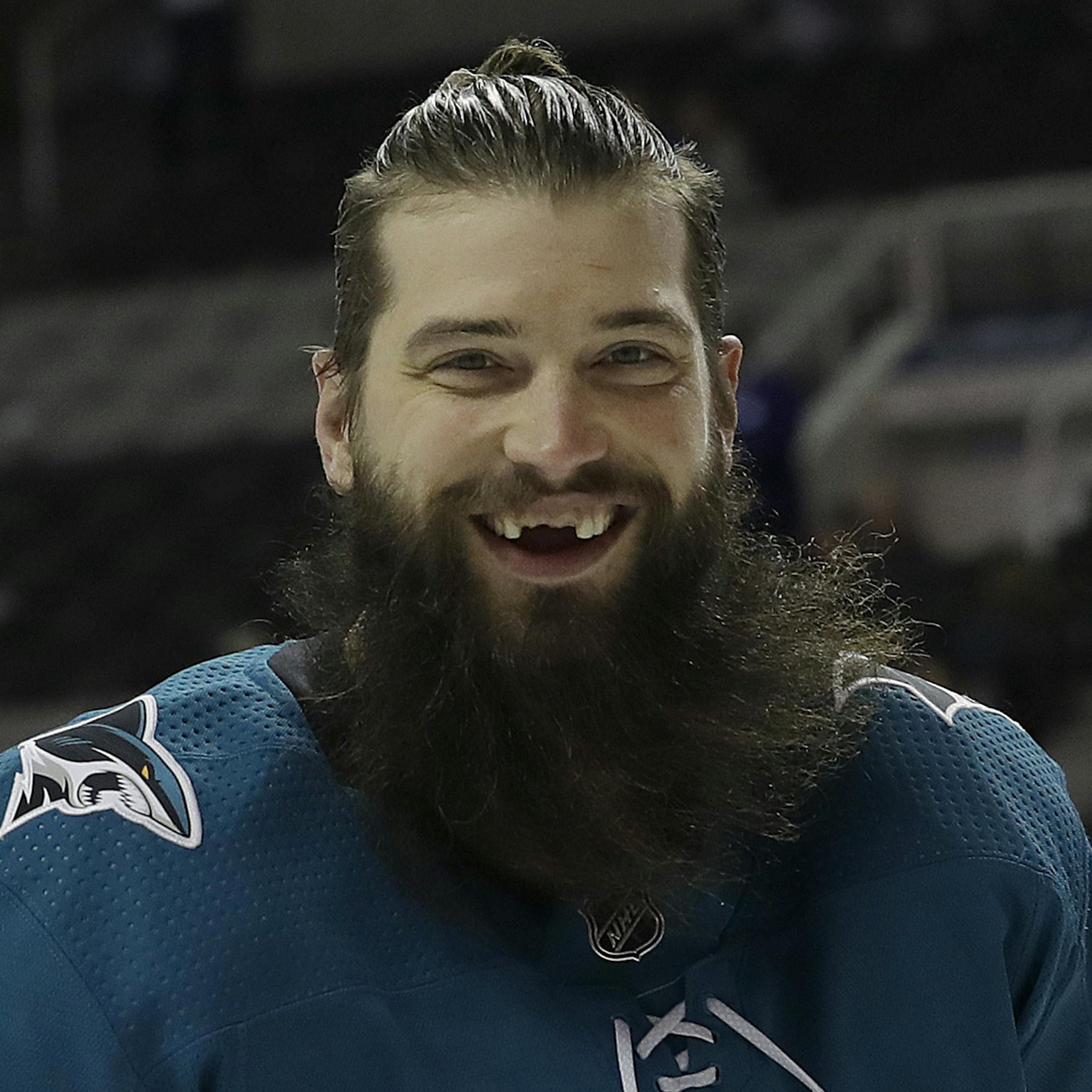 San Jose Sharks defenseman Brent Burns (88) before an NHL hockey game against the Pittsburgh Penguins in San Jose, Calif., Saturday, Jan. 20, 2018. (AP Photo/Jeff Chiu) ORG XMIT: SJA
