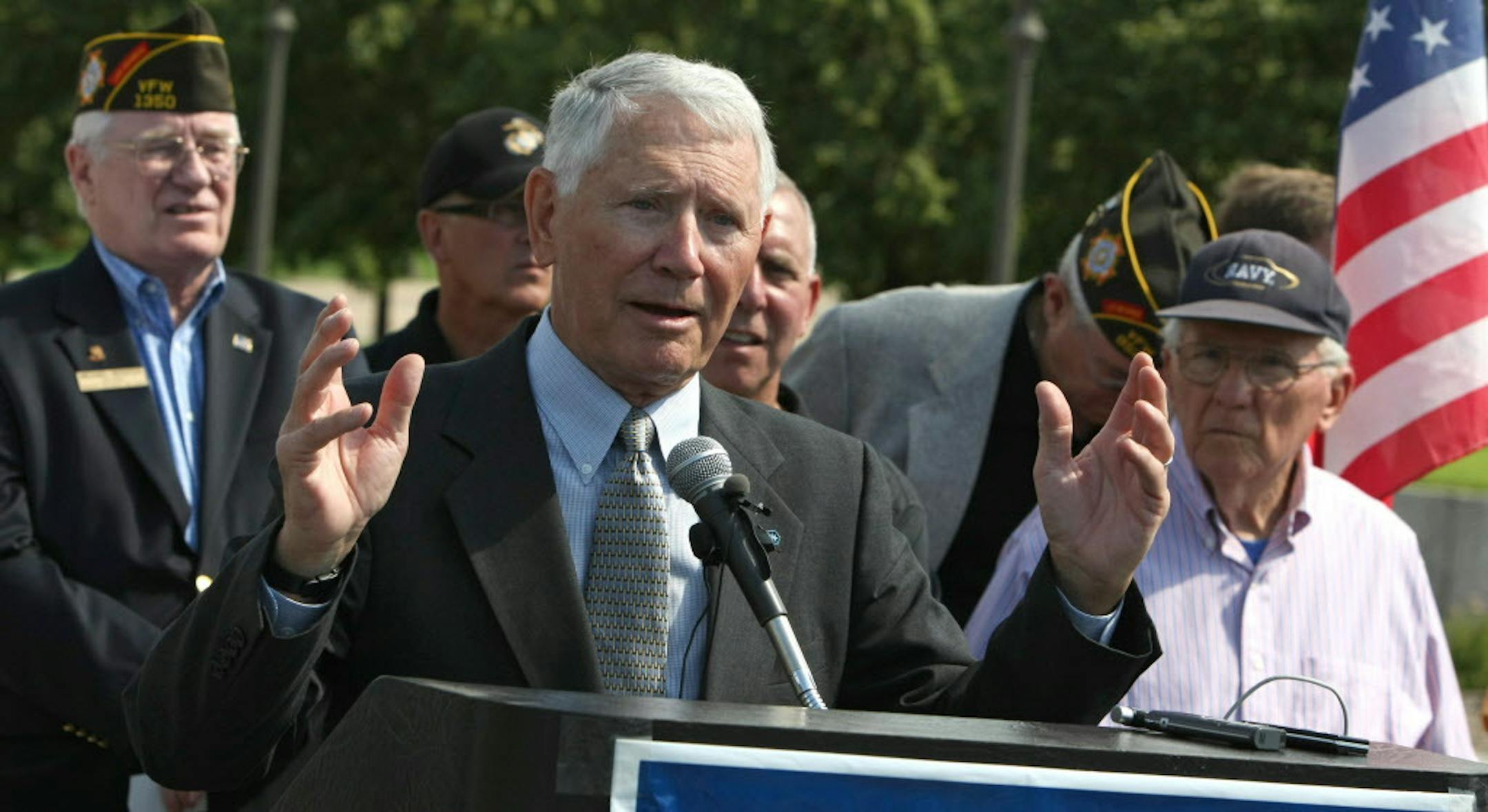 BRUCE BISPING ï bbisping@startribune.com St. Paul, MN., Monday, 7/21/2008] (center) Minnesota Medal of Honor recipient Leo K. Thorsness and other veterns spoke in support of John McCain during a press conference at the World War Memorial at the State Capitol. Thorsness received the medal of honor during his service as USAF pilot during the Vietnam war.