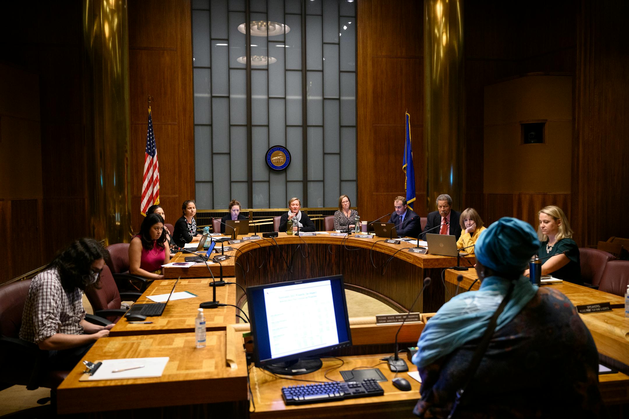 Nazra Ahmed, of Ward 1, speaks against a package of amendments to the St. Paul rent control laws during a city council meeting.
