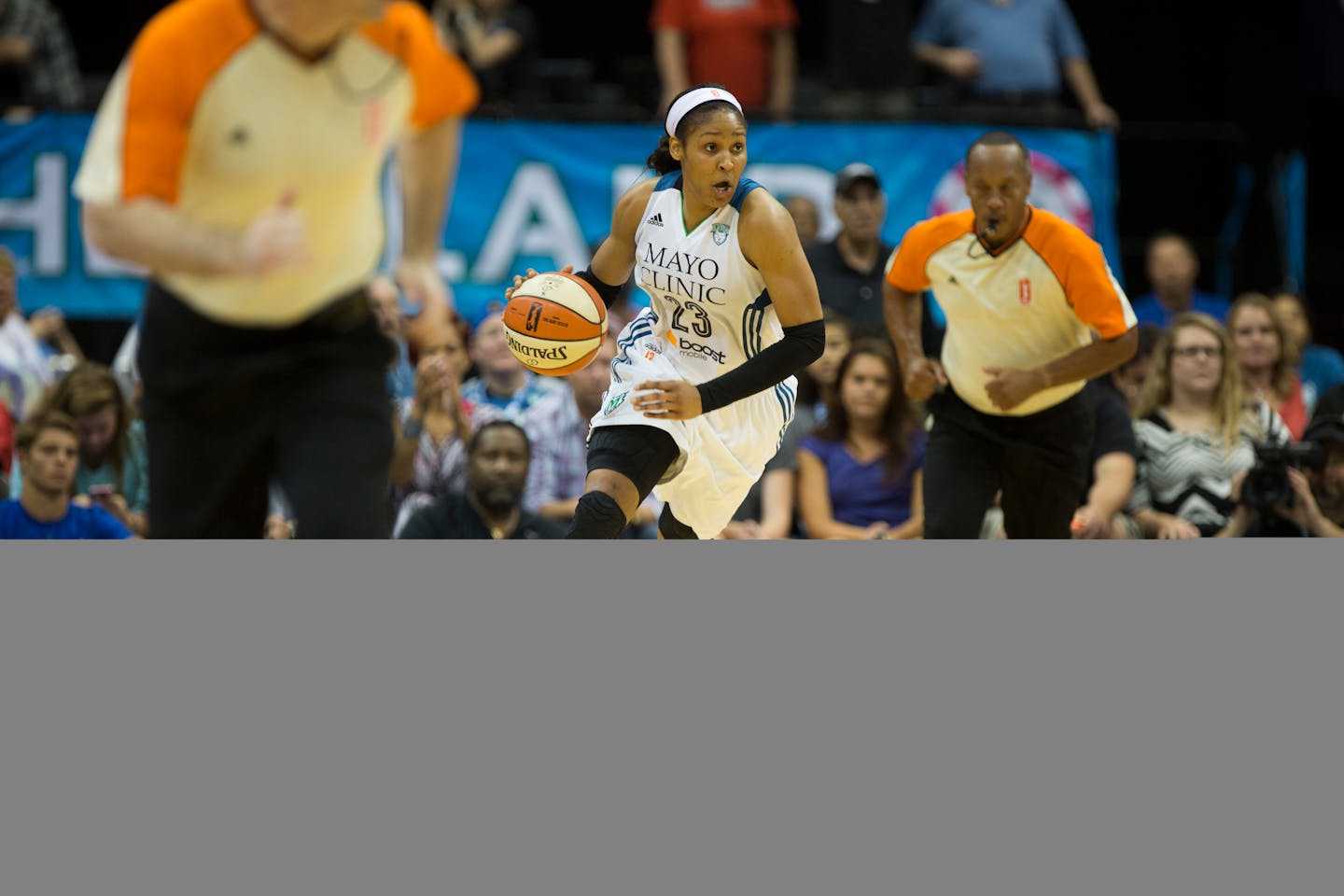 Maya Moore charged down court. She score 24 points in the second half to help a Lynx comeback victory over San Antonio.