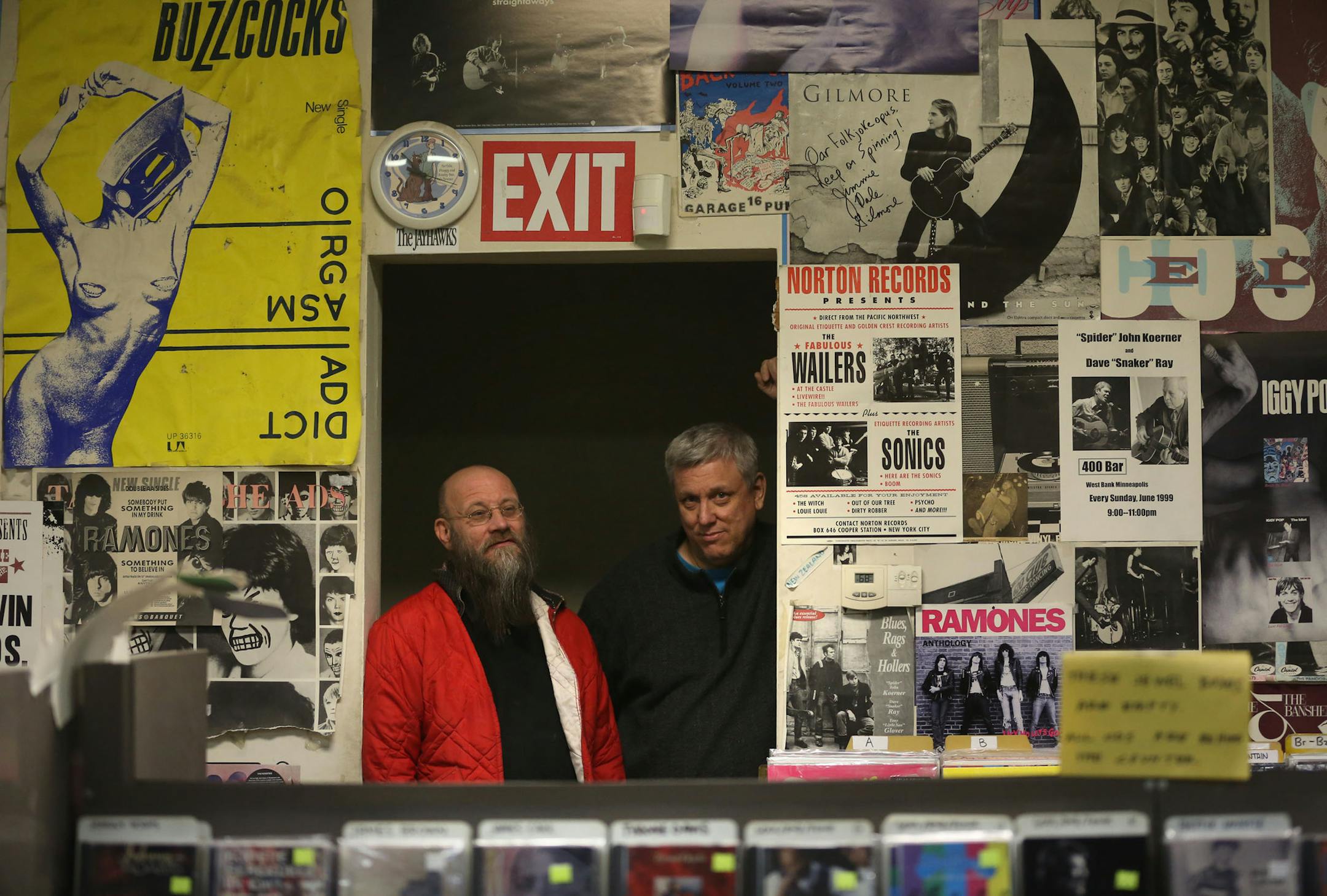 Musician Paul Metzger, left, and Mark Trehus, of Treehouse Records, stood in a doorway in Treehouse Records in Minneapolis Friday, December 6, 2013. The duo started a local record label Nero's Neptune. ] (KYNDELL HARKNESS/STAR TRIBUNE) kyndell.harkness@startribune.com