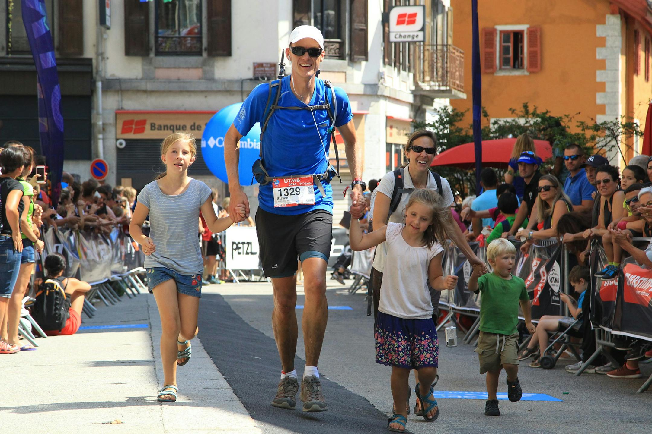 Steve Andersson finished the Ultra-Trail du Mont Blanc race in 2016 with his family after nearly dropping out at mile 76. Sharing the big moment are, from left, Elsie, Marta, wife Carrie and Jurgen.