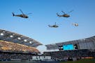 Helicopters hovered over the field before the 2021 MLS All-Star Game in Los Angeles on Aug. 25.