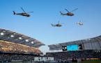Helicopters hovered over the field before the 2021 MLS All-Star Game in Los Angeles.