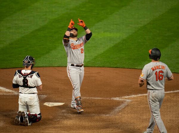 Baltimore Orioles right fielder DJ Stewart celebrated as he crossed the plate after hitting a two-run homer in the eighth inning off Minnesota Twins r
