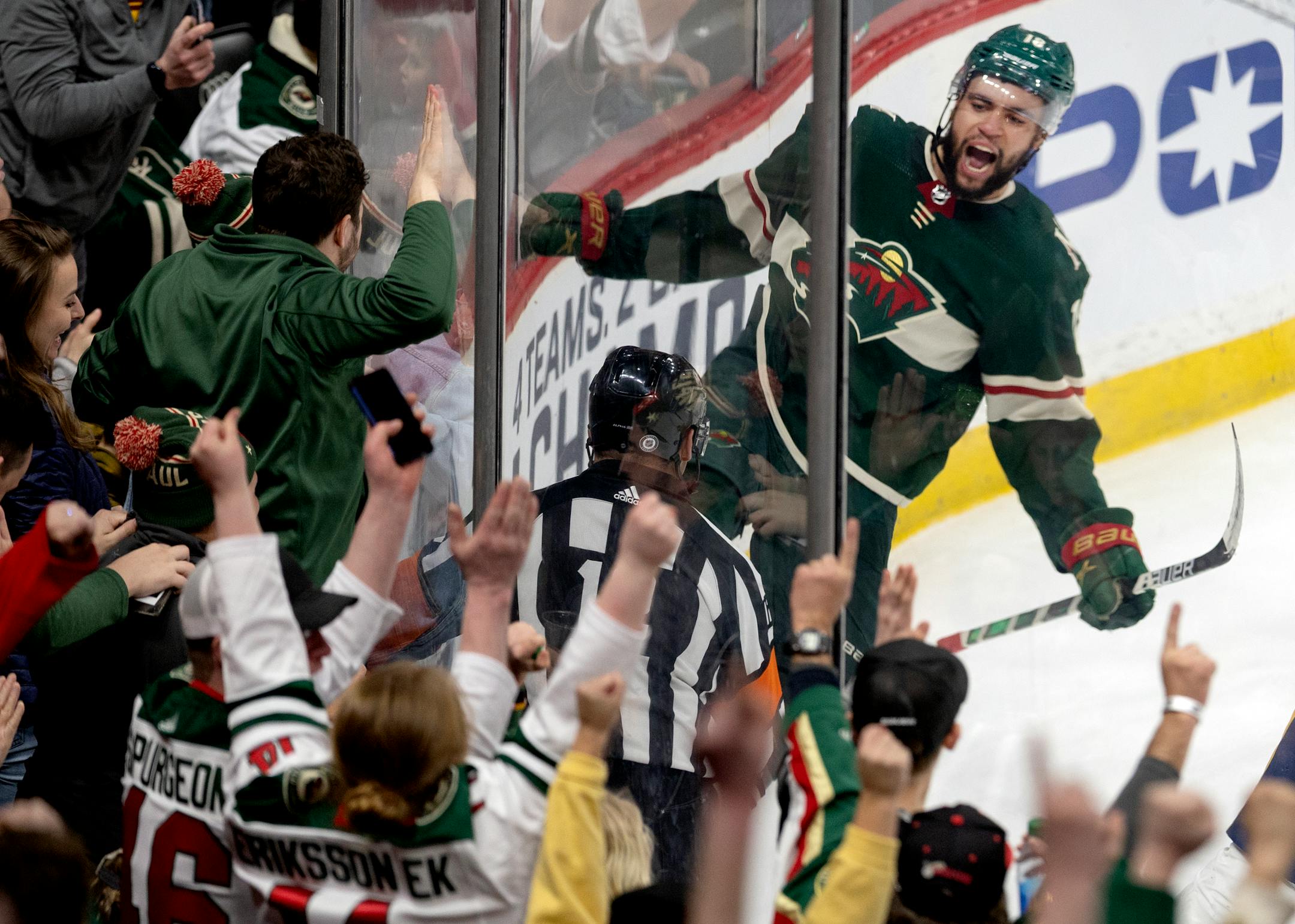 Jordan Greenway (18) of the Minnesota Wild celebrates after a goal in the second period.