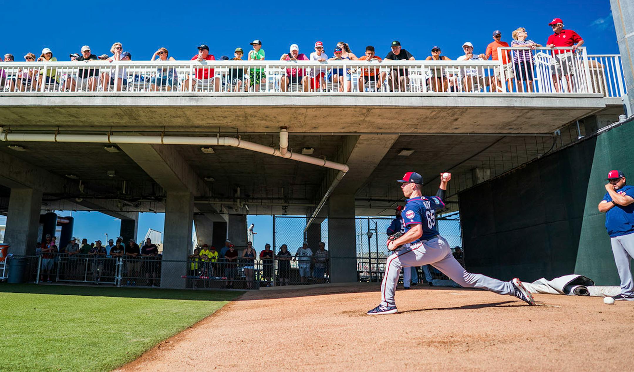 Twins pitcher Trevor May (65) worked out in the bullpen.