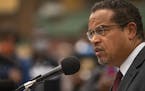 Minnesota Attorney General Keith Ellison spoke to a crowd in front of the Clayton Jackson McGhie Memorial on June 15 in Duluth. One of the viral rumor