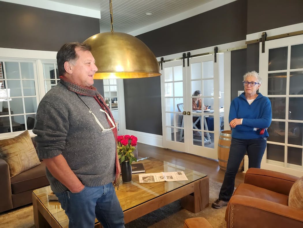 John Skupny and Cindy Pawlcyn, friends since their Golden Valley childhood, meet in Skupny’s Lang & Reed tasting room in St. Helena. Pawlcyn is the chef/owner of Mustards Grill, a pioneering Napa Valley restaurant nearby. 