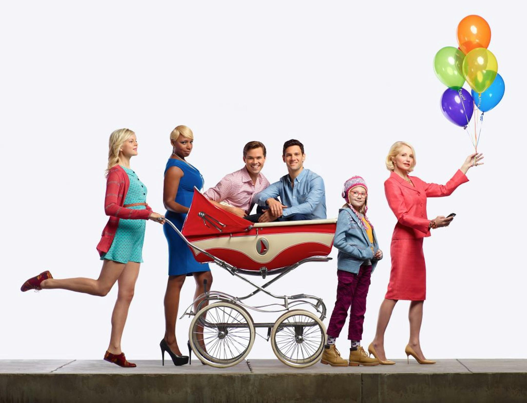 Georgia King, NeNe Leakes, Andrew Rannells, Justin Bartha, Bebe Wood and Ellen Barkin in "The New Normal."