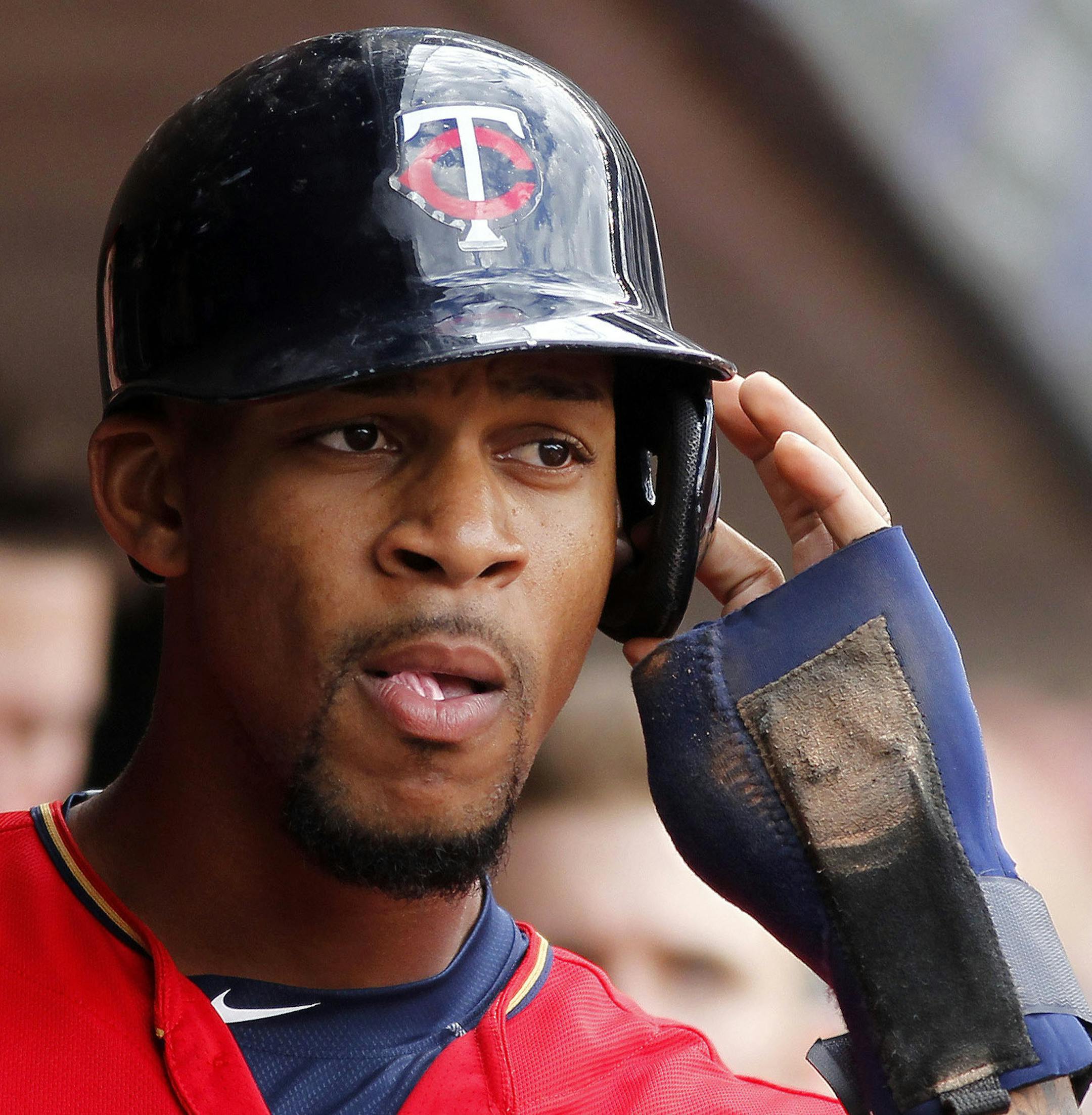 Minnesota Twins center fielder Byron Buxton bats in the seventh inning of a baseball game against the Los Angeles Angels on Sunday, April, 17, 2016 in Minneapolis. (AP Photo/Andy Clayton-King)