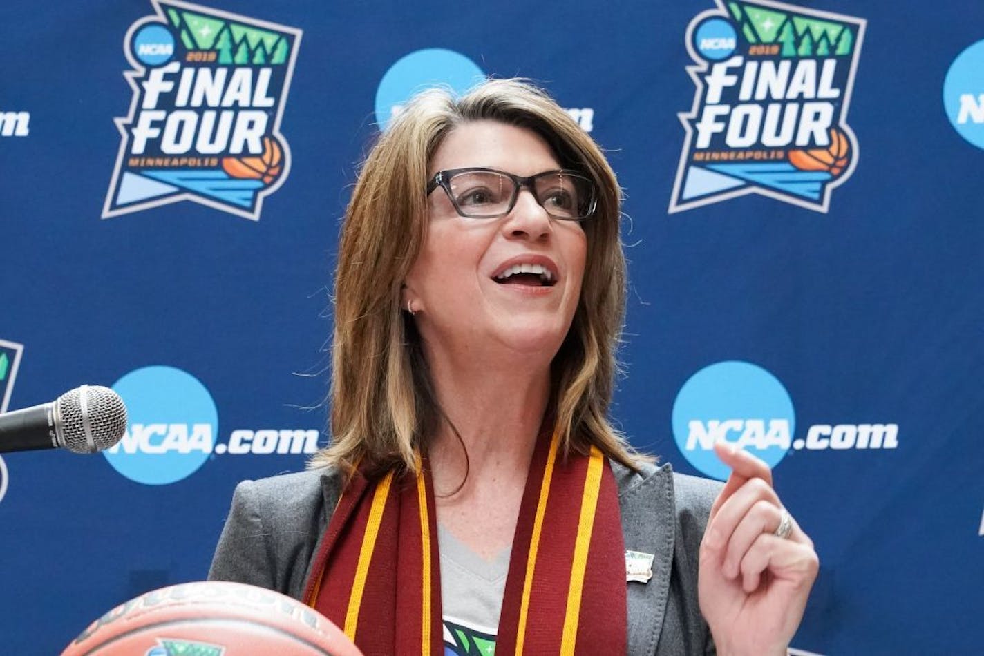 Minneapolis Final Four local organizing committee CEO Kate Mortenson spoke at the Ceremonial handoff from Super Bowl Host Committee to the 2019 Final Four committee, marking the transition from football to basketball.