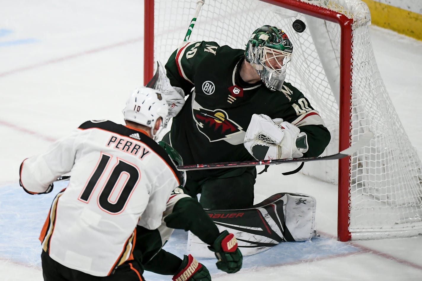 Ducks right wing Corey Perry scored a goal against Wild goaltender Devan Dubnyk, giving the Ducks a 2-0 advantage in the third period.