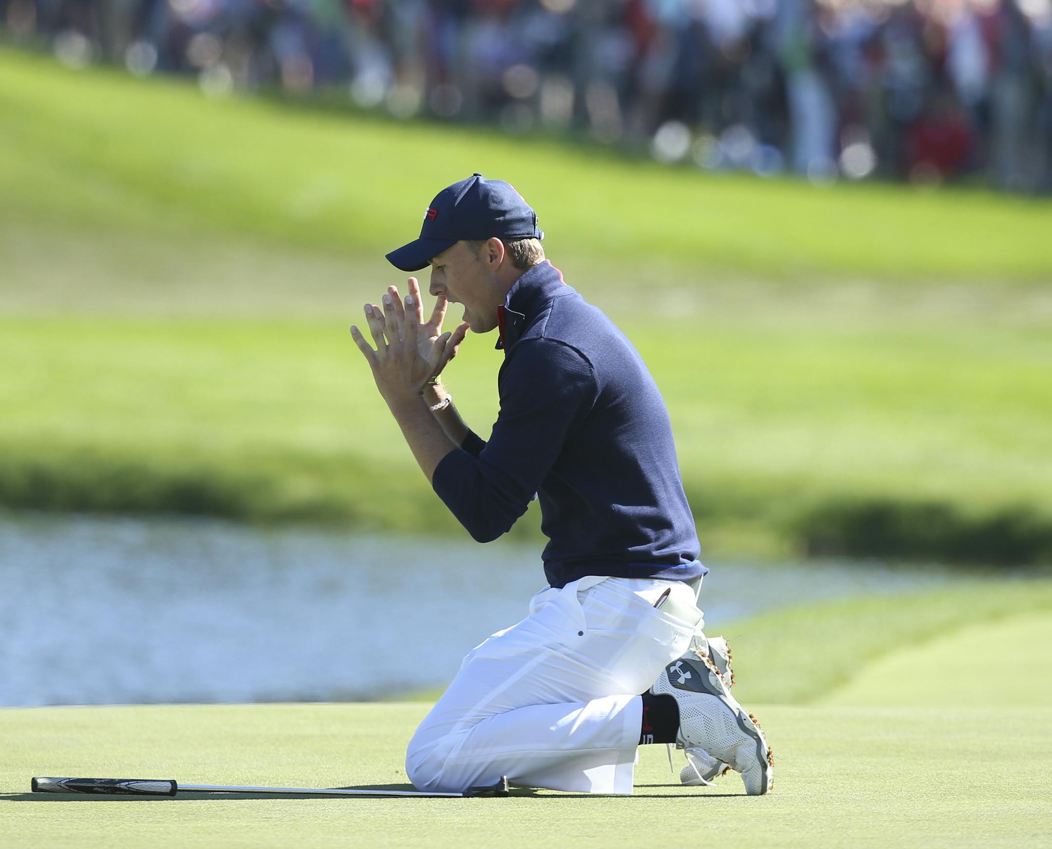 Jordan Spieth reacts to barely missing a putt on the 16th hole on the back nine of the morning foursome match-up against Europeans Sergio Garcia & Rafa Cabrera-Bello. ] Patrick Reed and Jordan Spieth (USA) vs. Sergio Garcia & Rafa Cabrera-Bello (EUR) JERRY HOLT jerry. Holt@Startribune.com The Ryder Cup morning play Saturday October 1, 2016 at Hazeltine National Golf Club in Chaska, Minn.