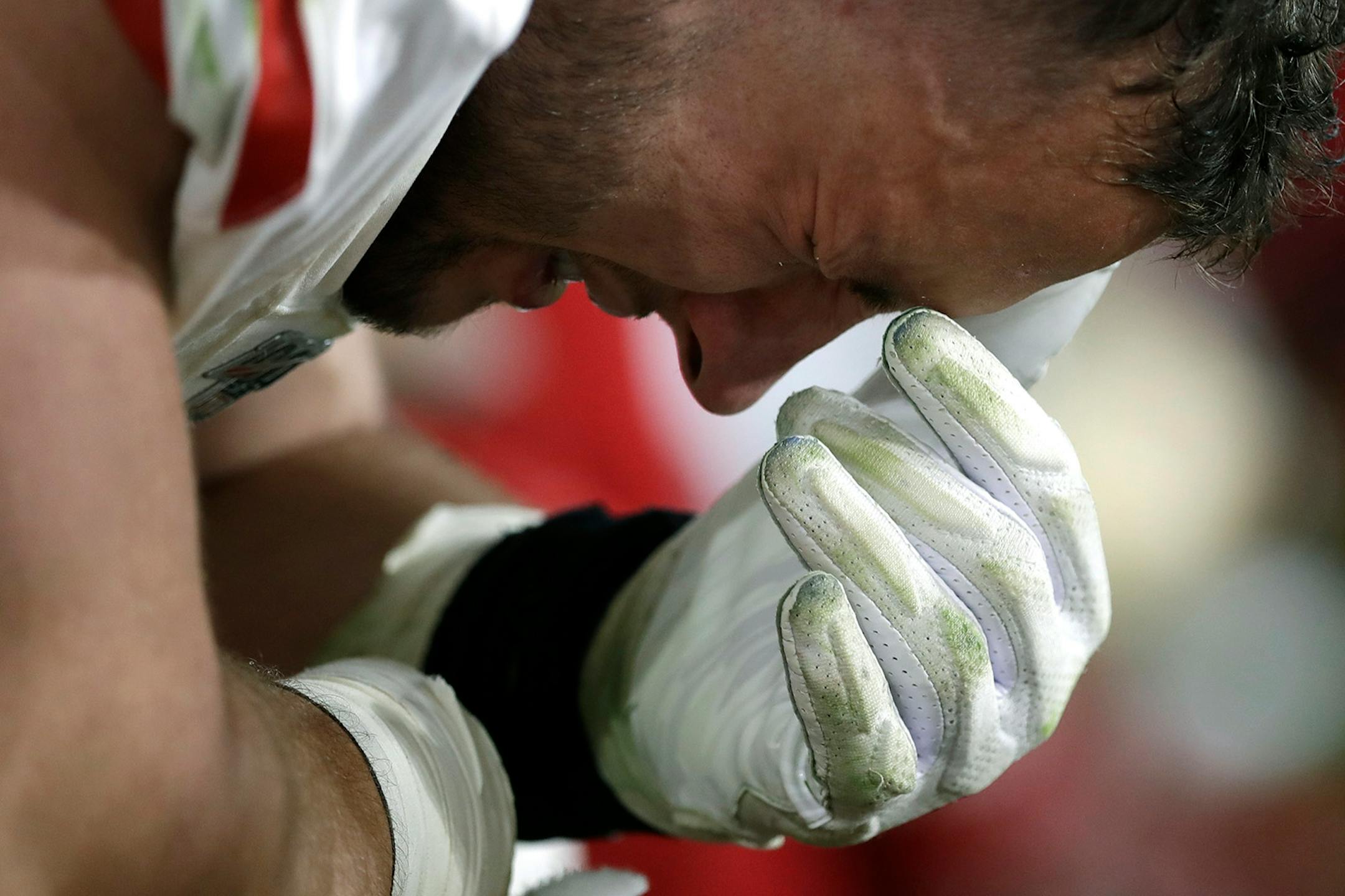 San Francisco 49ers defensive end Nick Bosa reacts on the sideline during the second half of the NFL Super Bowl 54 football game against the Kansas City Chiefs Sunday, Feb. 2, 2020, in Miami Gardens, Fla.