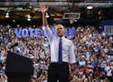 FILE -- Then-President Barack Obama waved to supporters at Florida International University in Miami, Thursday, Nov. 3, 2016, during a campaign rally 