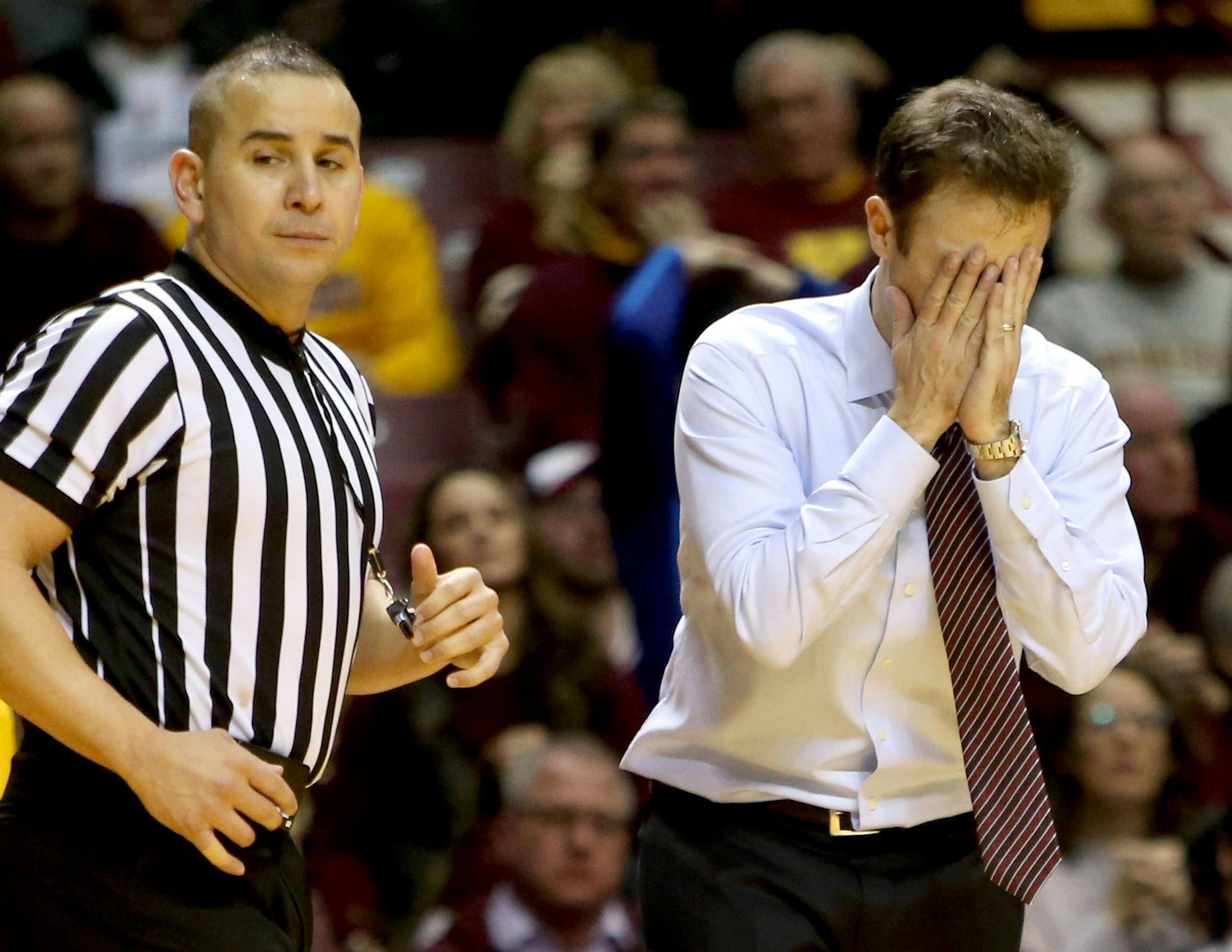 University of Minnesota coach Richard Pitino can watch as Gophers see their game with the University of Indiana slip away during the second half of Minnesota's 70-63 loss Saturday, Jan. 16, 2016, at Williams Arena in Minneapolis, MN. ](DAVID JOLES/STARTRIBUNE)djoles@startribune.com the University of Indiana versus the University of Minnesota**Jordan Murphy,Collin Hartman,cq