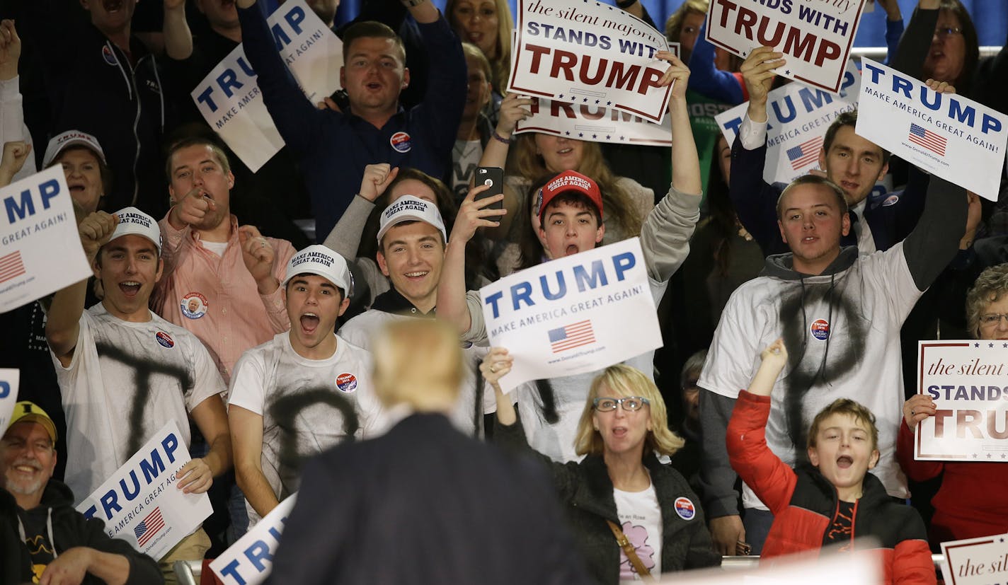 Supporters react as Republican presidential candidate Donald Trump speaks during a campaign rally, Saturday, Dec. 5, 2015, in Davenport, Iowa. (AP Photo/Charlie Neibergall) ORG XMIT: MIN2015120810440445